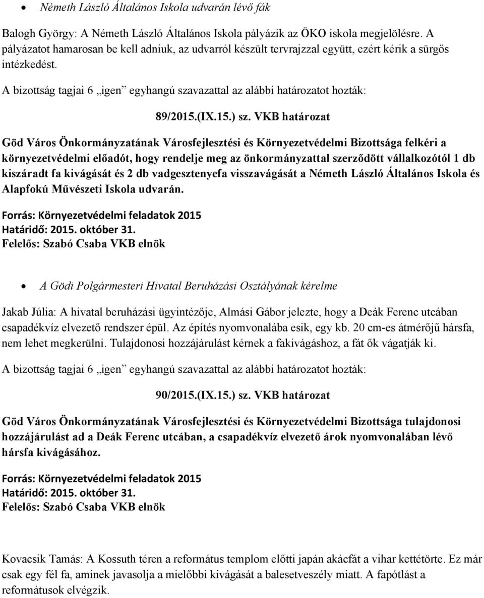 VKB határozat környezetvédelmi előadót, hogy rendelje meg az önkormányzattal szerződött vállalkozótól 1 db kiszáradt fa kivágását és 2 db vadgesztenyefa visszavágását a Németh László Általános Iskola