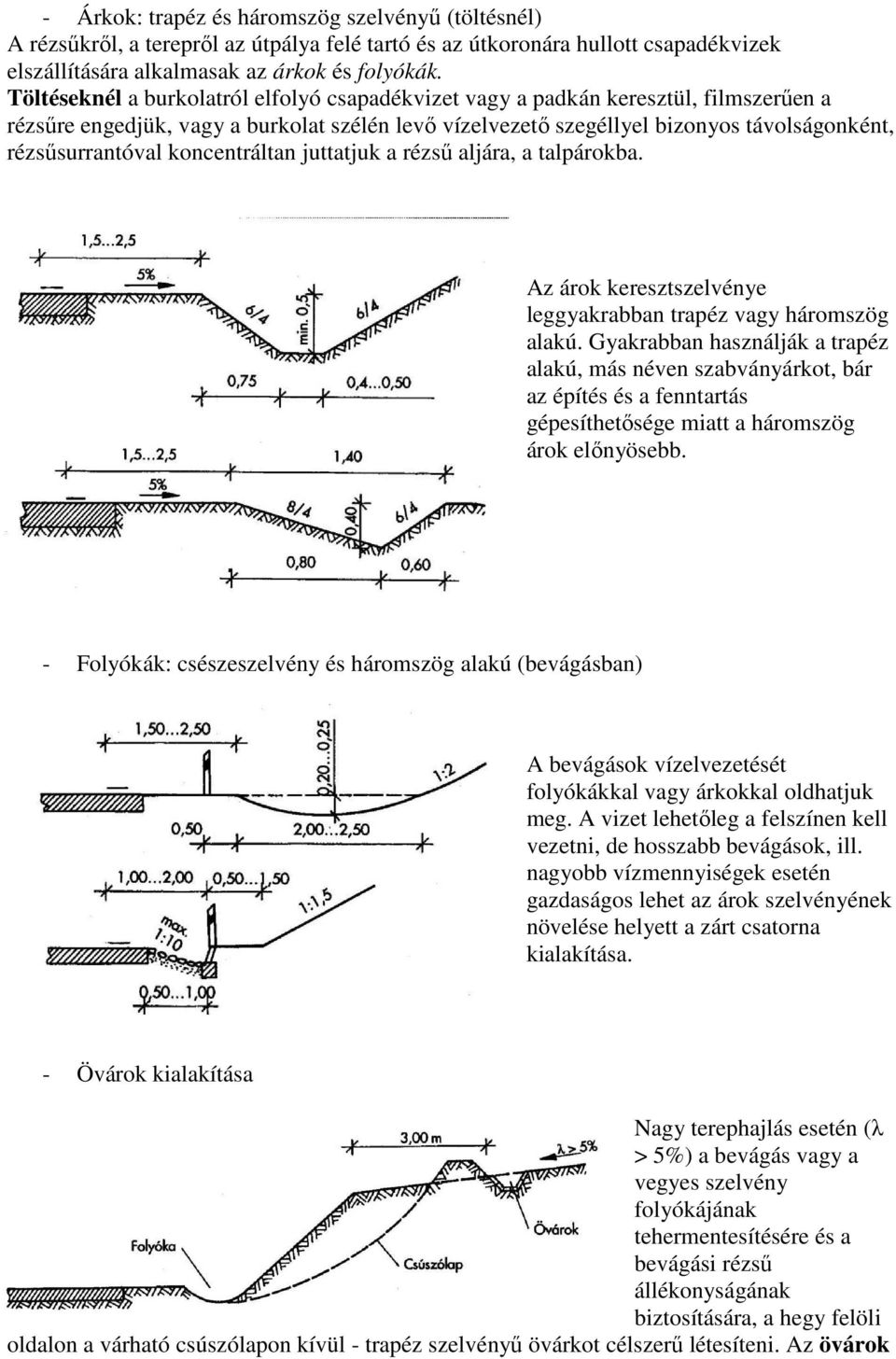 koncentráltan juttatjuk a rézsű aljára, a talpárokba. Az árok keresztszelvénye leggyakrabban trapéz vagy háromszög alakú.