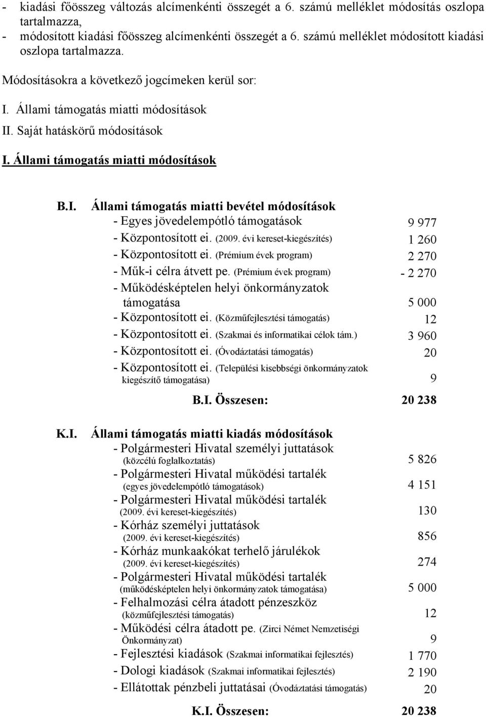 Állami támogatás miatti módosítások B.I. K.I. Állami támogatás miatti bevétel módosítások - Egyes jövedelempótló támogatások 9 977 - Központosított ei. (2009.