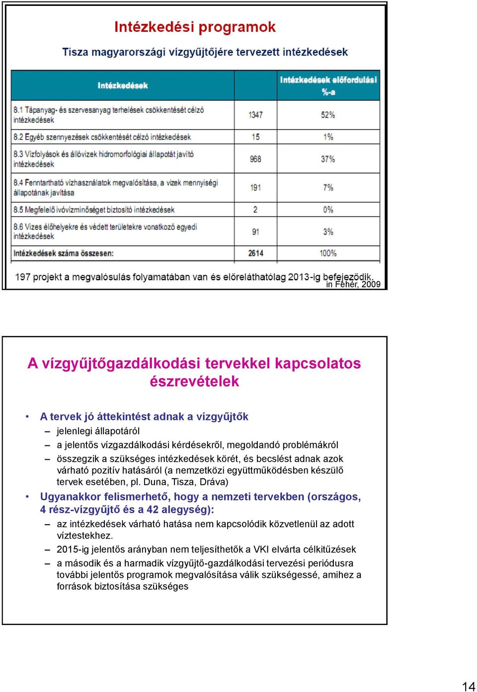 Duna, Tisza, Dráva) Ugyanakkor felismerhető, hogy a nemzeti tervekben (országos, 4 rész-vízgyűjtő és a 42 alegység): az intézkedések várható hatása nem kapcsolódik közvetlenül az adott víztestekhez.