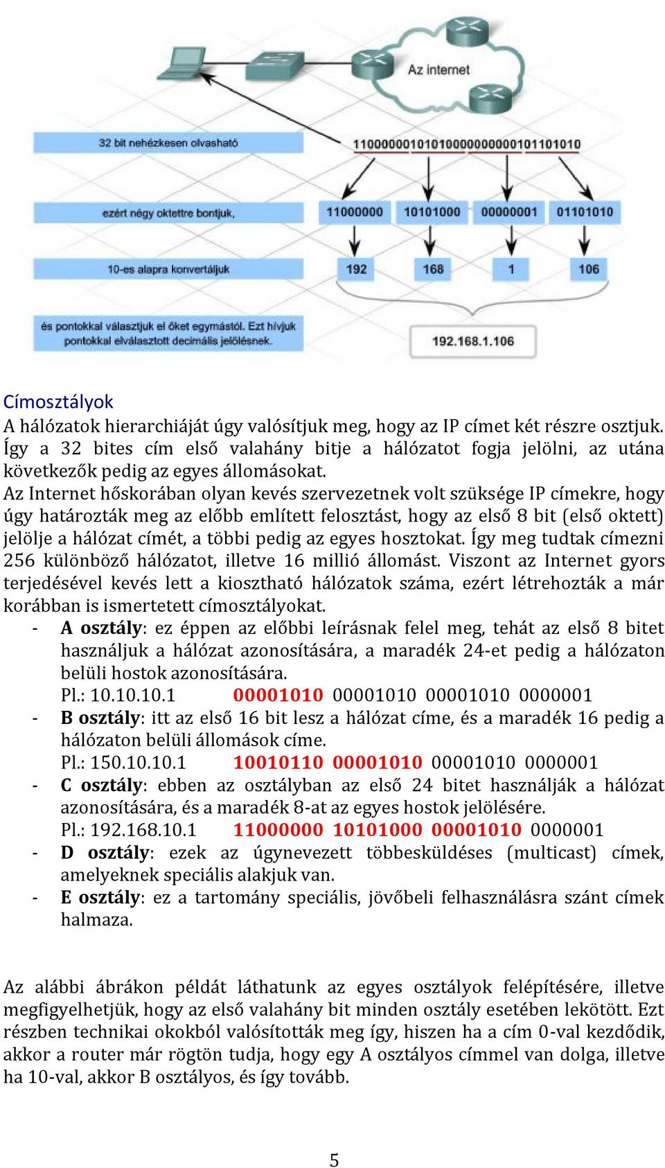 Az Internet hőskorában olyan kevés szervezetnek volt szüksége IP címekre, hogy úgy határozták meg az előbb említett felosztást, hogy az első 8 bit (első oktett) jelölje a hálózat címét, a többi pedig