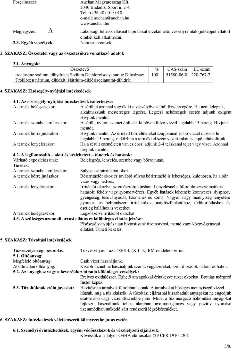 SZAKASZ: Összetétel vagy az összetevőkre vonatkozó adatok 3.1.