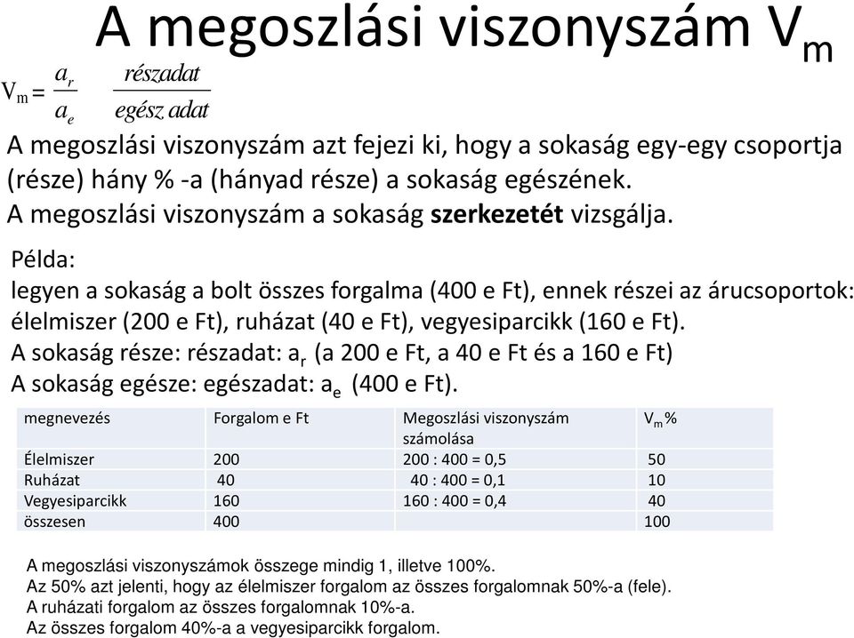 Példa: legyen a sokaság a bolt összes forgalma (400 e Ft), ennek részei az árucsoportok: élelmiszer (200 e Ft), ruházat (40 e Ft), vegyesiparcikk (160 e Ft).