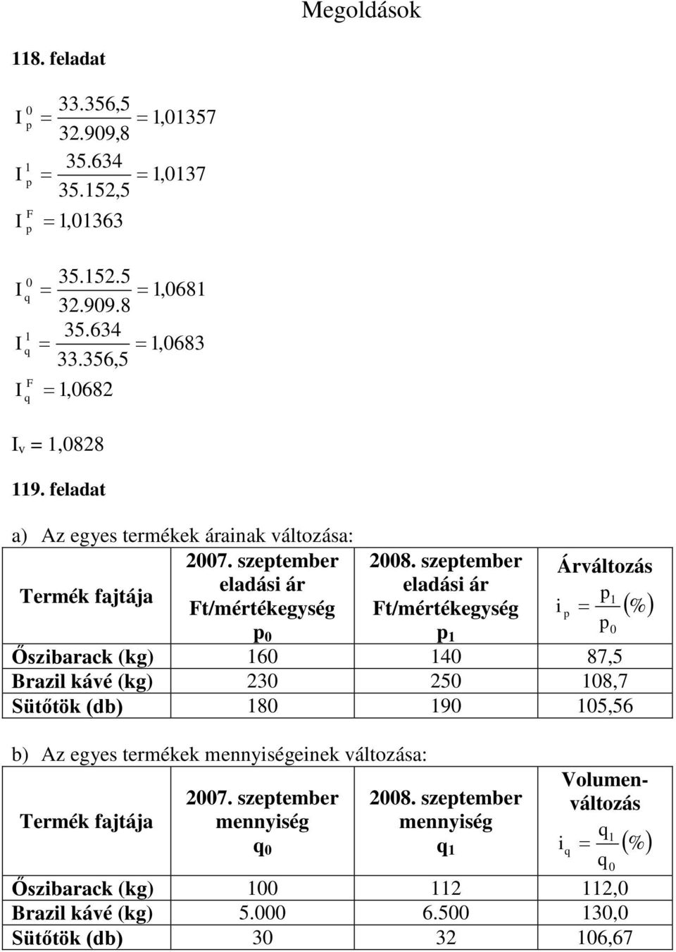 szetember eladási ár t/mértékegység Áráltozás i (%) Őszibarack (kg) 6 4 87,5 Brazil káé (kg) 3 5 8,7 Sütőtök (db) 8 9 5,56 b) Az