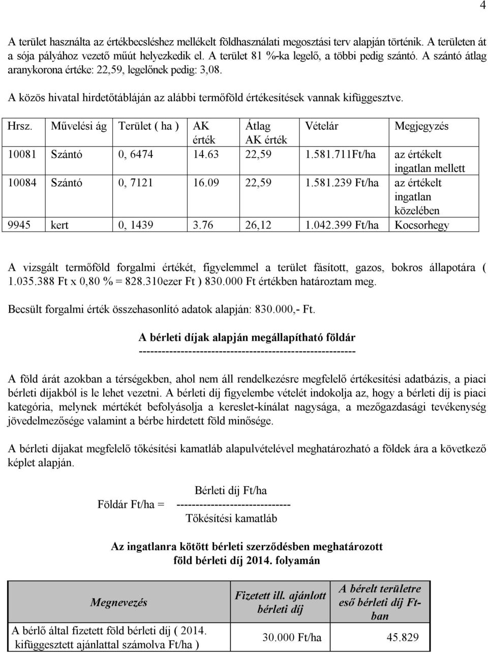 Hrsz. Művelési ág Terület ( ha ) AK Átlag Vételár Megjegyzés érték AK érték 10081 Szántó 0, 6474 14.63 22,59 1.581.711Ft/ha az értékelt ingatlan mellett 10084 Szántó 0, 7121 16.09 22,59 1.581.239 Ft/ha az értékelt ingatlan közelében 9945 kert 0, 1439 3.