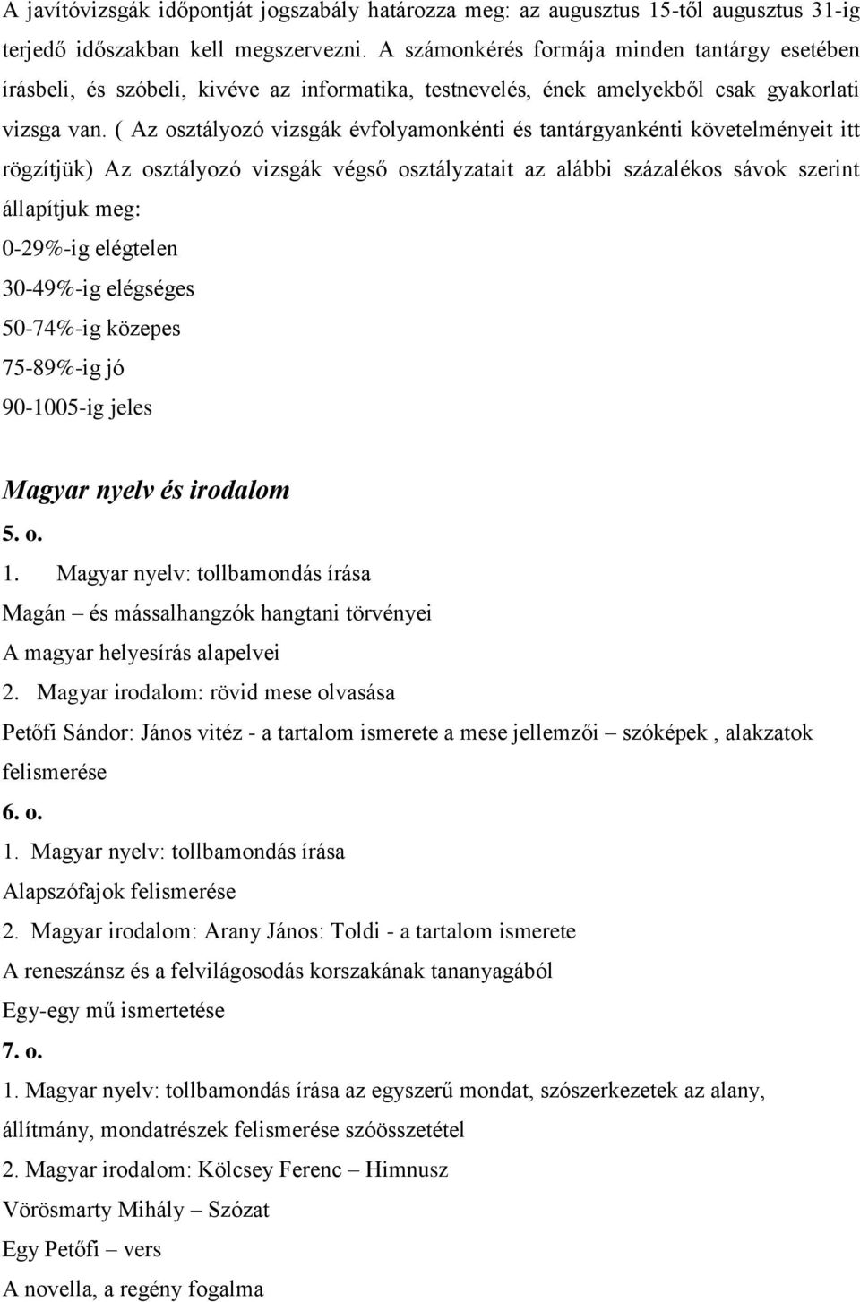 ( Az osztályozó vizsgák évfolyamonkénti és tantárgyankénti követelményeit itt rögzítjük) Az osztályozó vizsgák végső osztályzatait az alábbi százalékos sávok szerint állapítjuk meg: 0-29%-ig