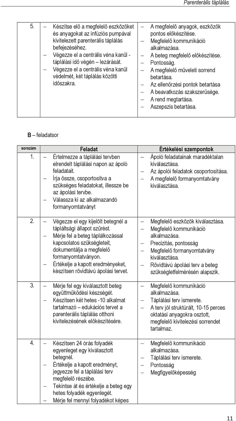 A megfelelő műveleti sorrend betartása. Az ellenőrzési pontok betartása A beavatkozás szakszerűsége. A rend megtartása. Aszepszis betartása. B feladatsor sorszám Feladat Értékelési szempontok 1.