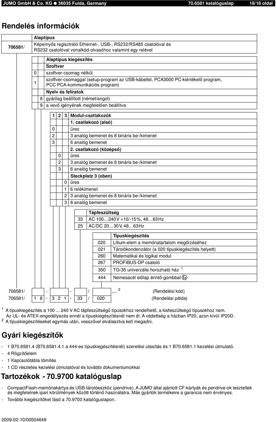 Rögzítőelem Kapcsolótábla tömítés Alaptípus kiegészítés Szoftver 0 szoftvercsomag nélkül szoftvercsomaggal (setupprogram az SBkábellel, PCA000 PCkiértékelő program, PCC PCAkommunikációs program)