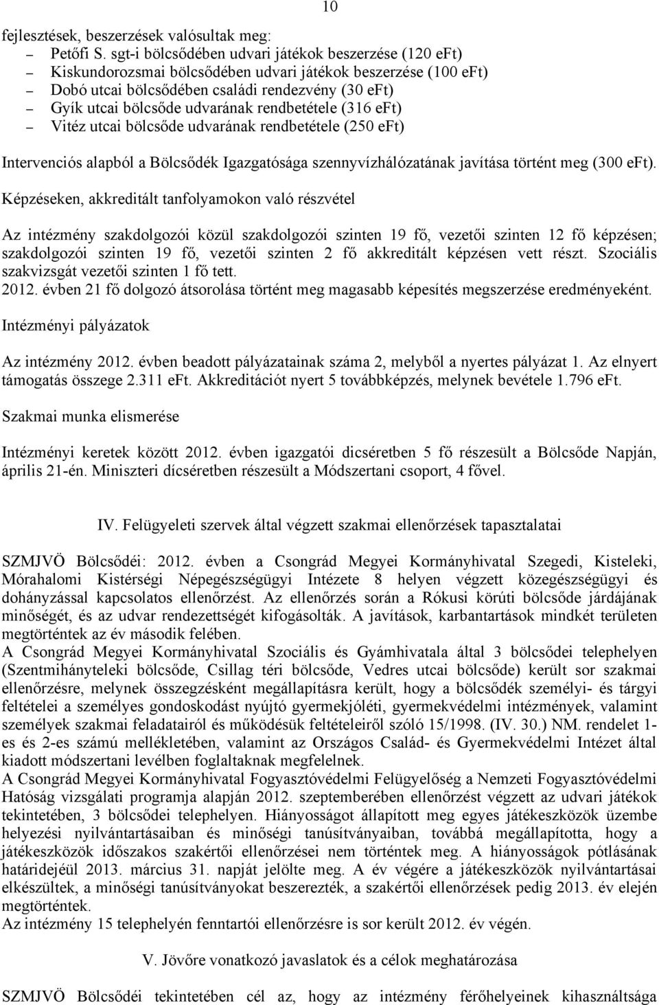 rendbetétele (316 eft) Vitéz utcai bölcsőde udvarának rendbetétele (250 eft) Intervenciós alapból a Bölcsődék Igazgatósága szennyvízhálózatának javítása történt meg (300 eft).