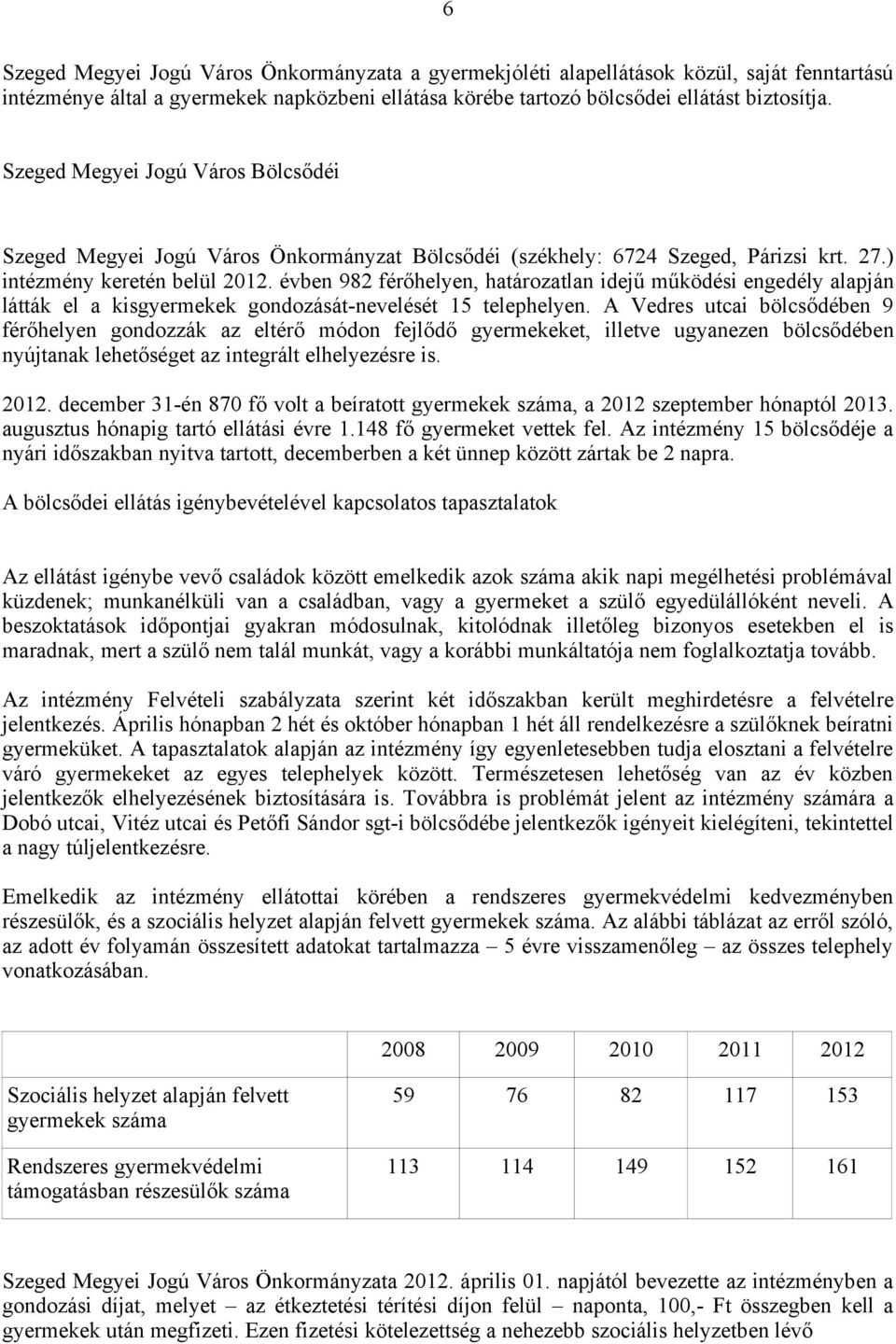 évben 982 férőhelyen, határozatlan idejű működési engedély alapján látták el a kisgyermekek gondozását-nevelését 15 telephelyen.