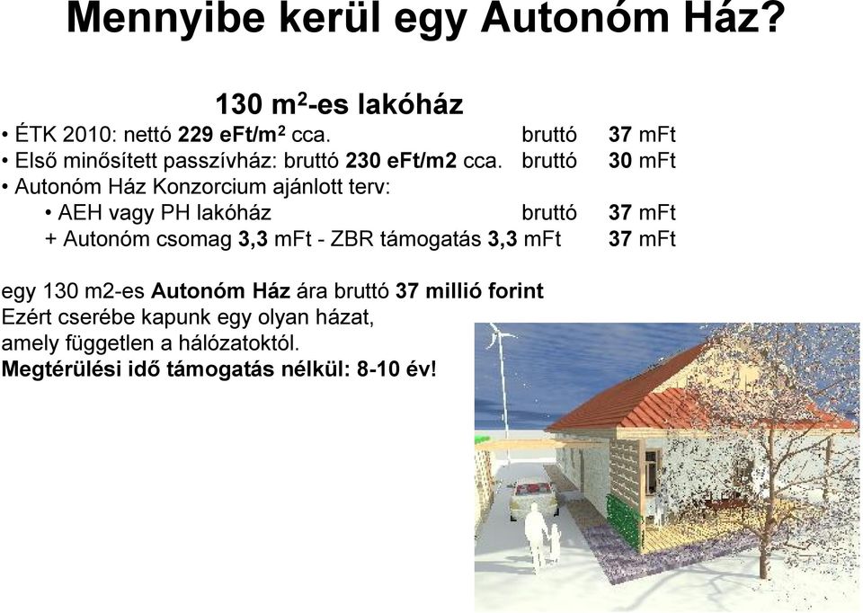 bruttó 30 mft Autonóm Ház Konzorcium ajánlott terv: AEH vagy PH lakóház bruttó 37 mft + Autonóm csomag 3,3 mft -
