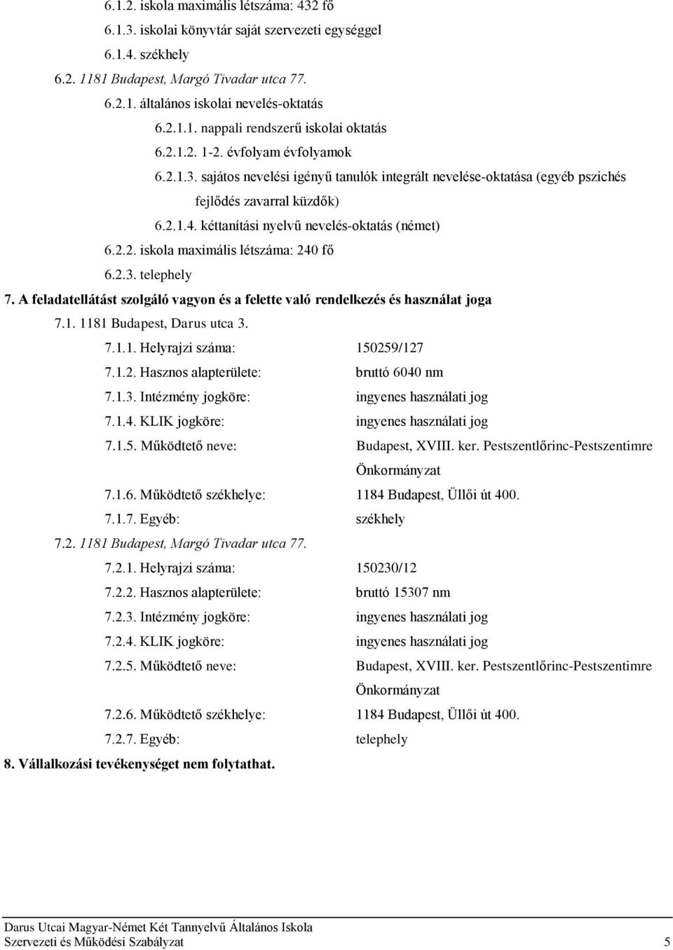 2.3. telephely 7. A feladatellátást szolgáló vagyon és a felette való rendelkezés és használat joga 7.1. 1181 Budapest, Darus utca 3. 7.1.1. Helyrajzi száma: 150259/127 7.1.2. Hasznos alapterülete: bruttó 6040 nm 7.