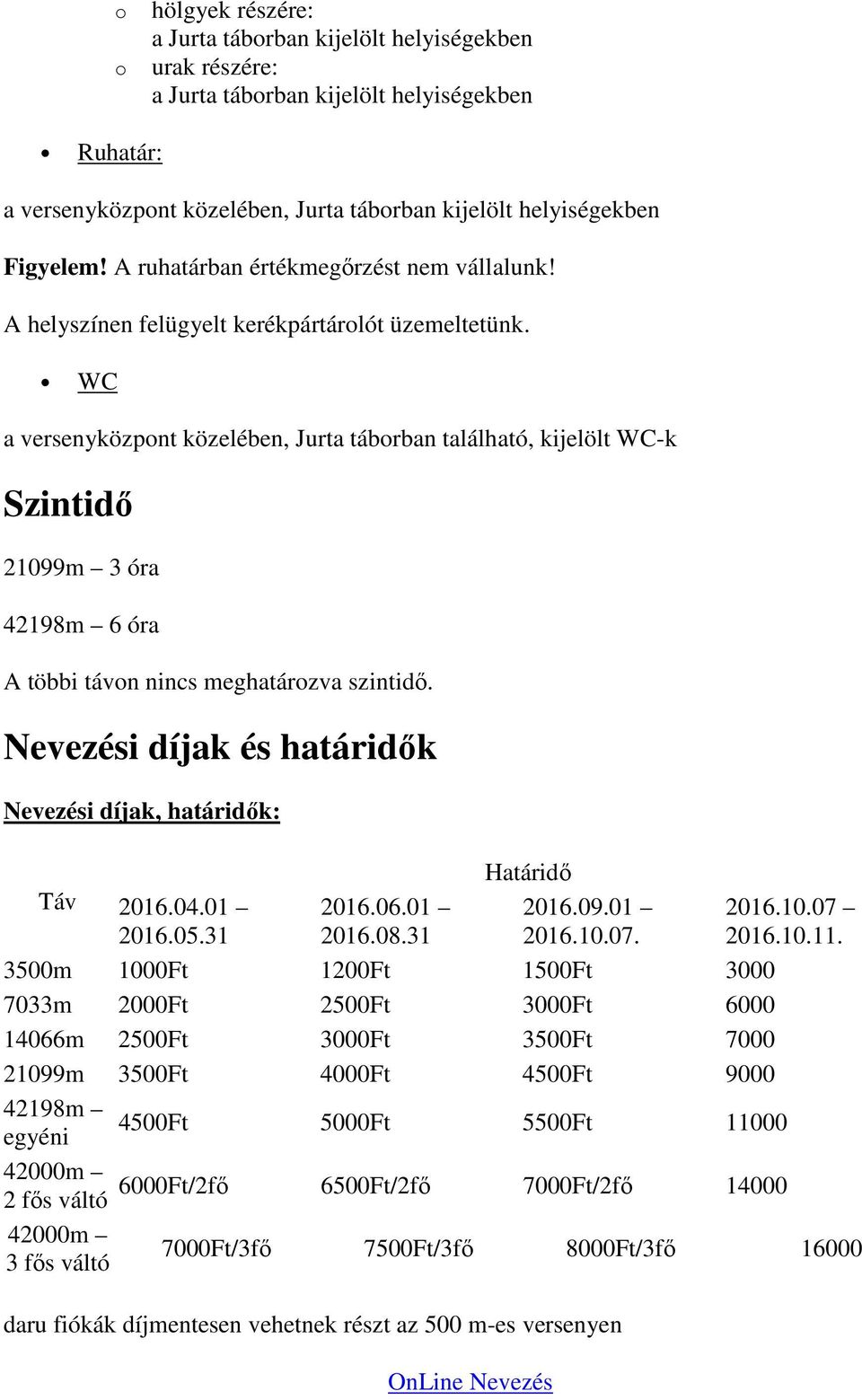 WC a versenyközpont közelében, Jurta táborban található, kijelölt WC-k Szintidı 21099m 3 óra 42198m 6 óra A többi távon nincs meghatározva szintidı.