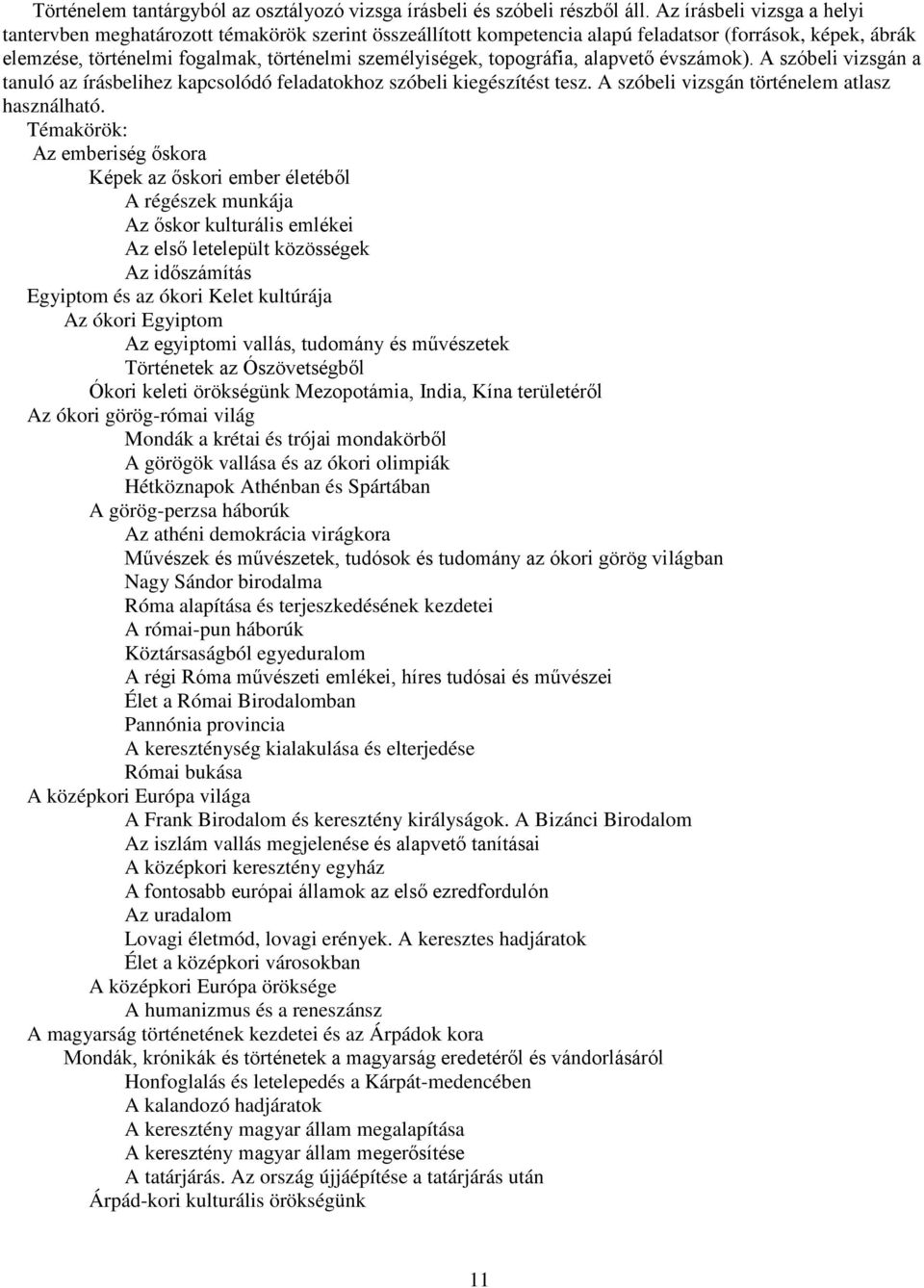 topográfia, alapvető évszámok). A szóbeli vizsgán a tanuló az írásbelihez kapcsolódó feladatokhoz szóbeli kiegészítést tesz. A szóbeli vizsgán történelem atlasz használható.