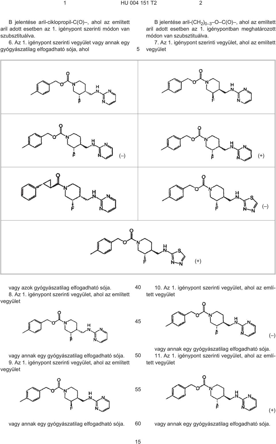igénypontban meghatározott módon van szubsztituálva. 7. Az 1. igénypont szerinti vegyület, ahol az említett vegyület ( ) (+) ( ) (+) vagy azok gyógyászatilag elfogadható sója. 8. Az 1. igénypont szerinti vegyület, ahol az említett vegyület. Az 1. igénypont szerinti vegyület, ahol az említett vegyület 4 vagy annak egy gyógyászatilag elfogadható sója.