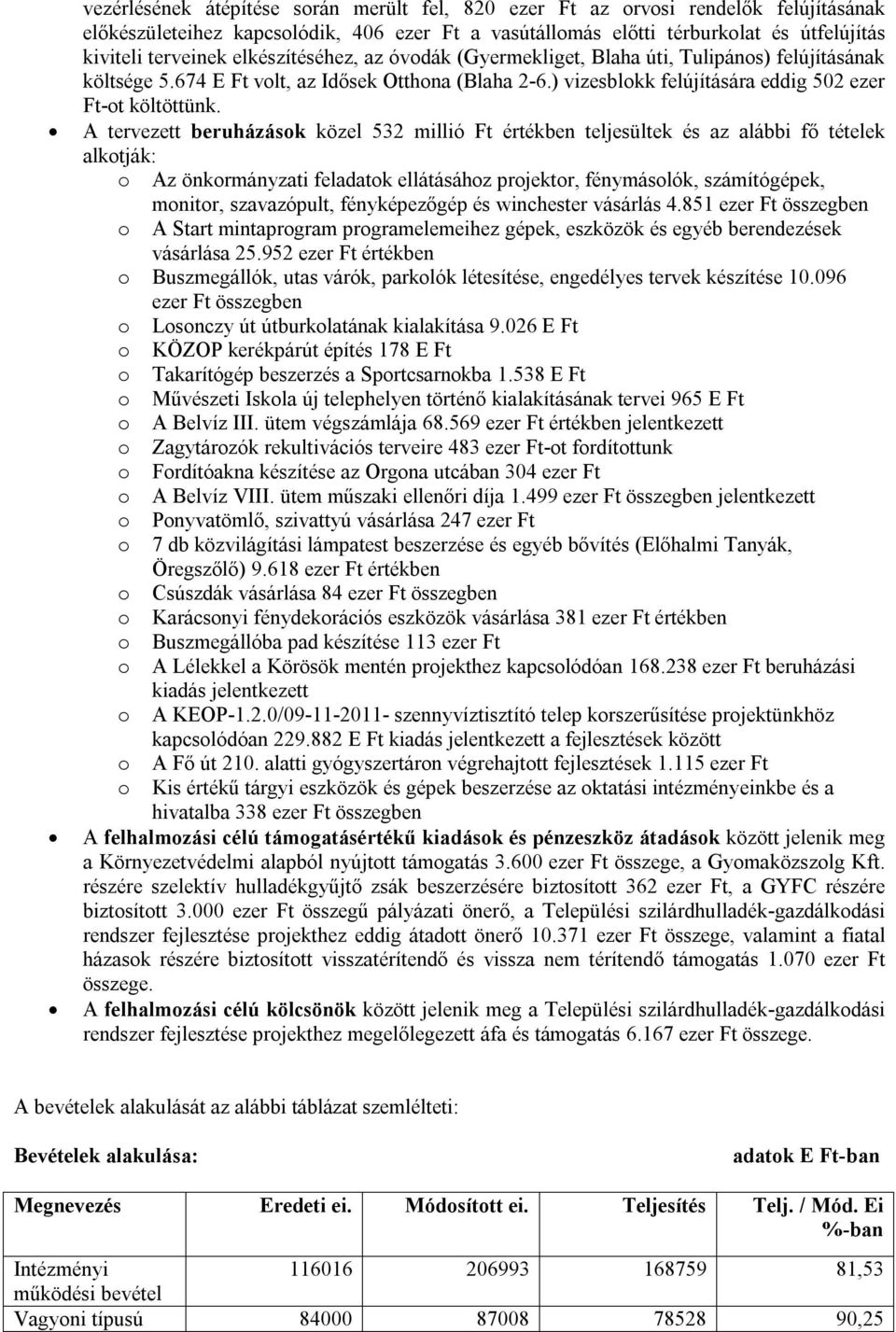 A tervezett beruházások közel 532 millió Ft értékben teljesültek és az alábbi fő tételek alkotják: o Az önkormányzati feladatok ellátásához projektor, fénymásolók, számítógépek, monitor, szavazópult,