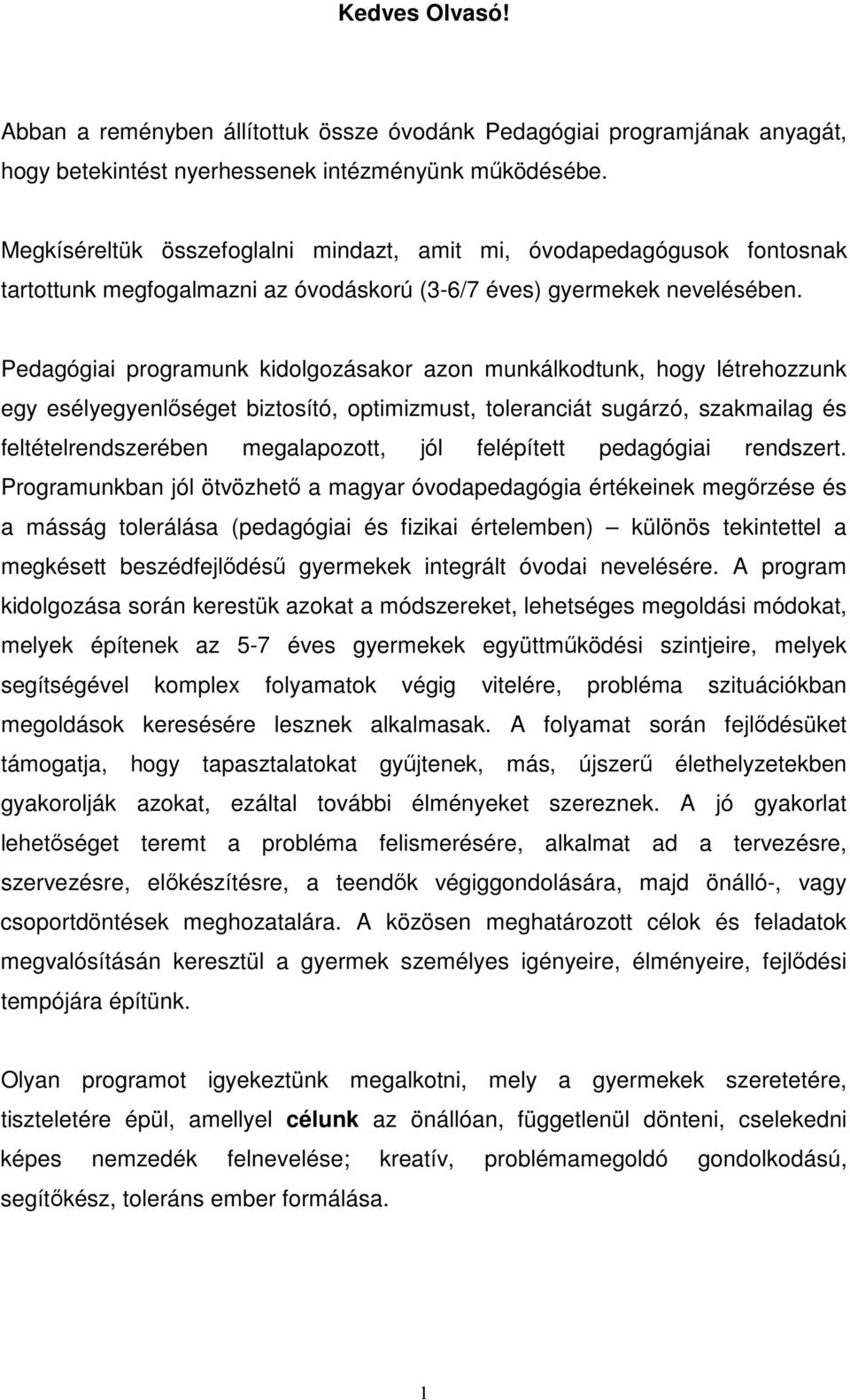 Pedagógiai programunk kidolgozásakor azon munkálkodtunk, hogy létrehozzunk egy esélyegyenlőséget biztosító, optimizmust, toleranciát sugárzó, szakmailag és feltételrendszerében megalapozott, jól