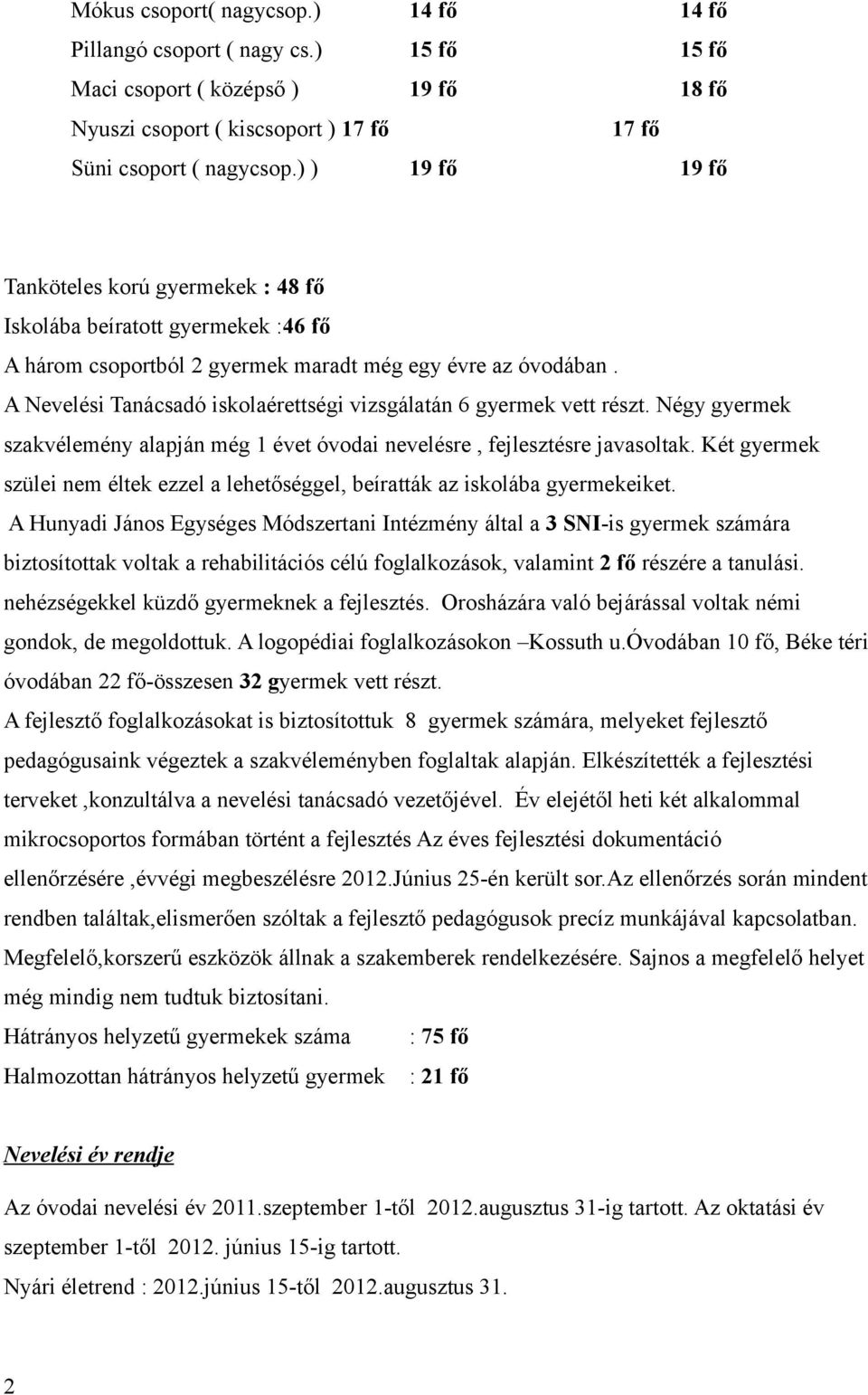 A Nevelési Tanácsadó iskolaérettségi vizsgálatán 6 gyermek vett részt. Négy gyermek szakvélemény alapján még 1 évet óvodai nevelésre, fejlesztésre javasoltak.