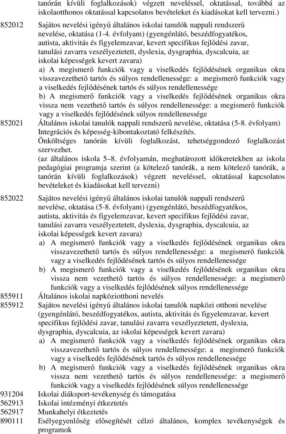 évfolyam) (gyengénlátó, beszédfogyatékos, autista, aktivitás és figyelemzavar, kevert specifikus fejlıdési zavar, tanulási zavarra veszélyeztetett, dyslexia, dysgraphia, dyscalcuia, az iskolai