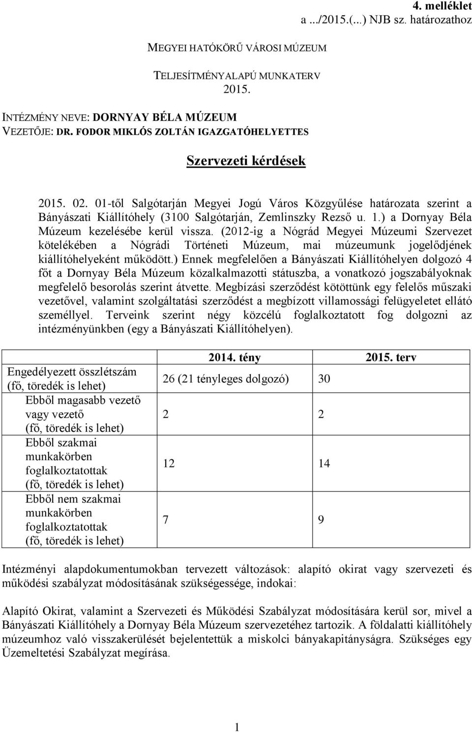 1.) a Dornyay Béla Múzeum kezelésébe kerül vissza. (2012-ig a Nógrád Megyei Múzeumi Szervezet kötelékében a Nógrádi Történeti Múzeum, mai múzeumunk jogelődjének kiállítóhelyeként működött.