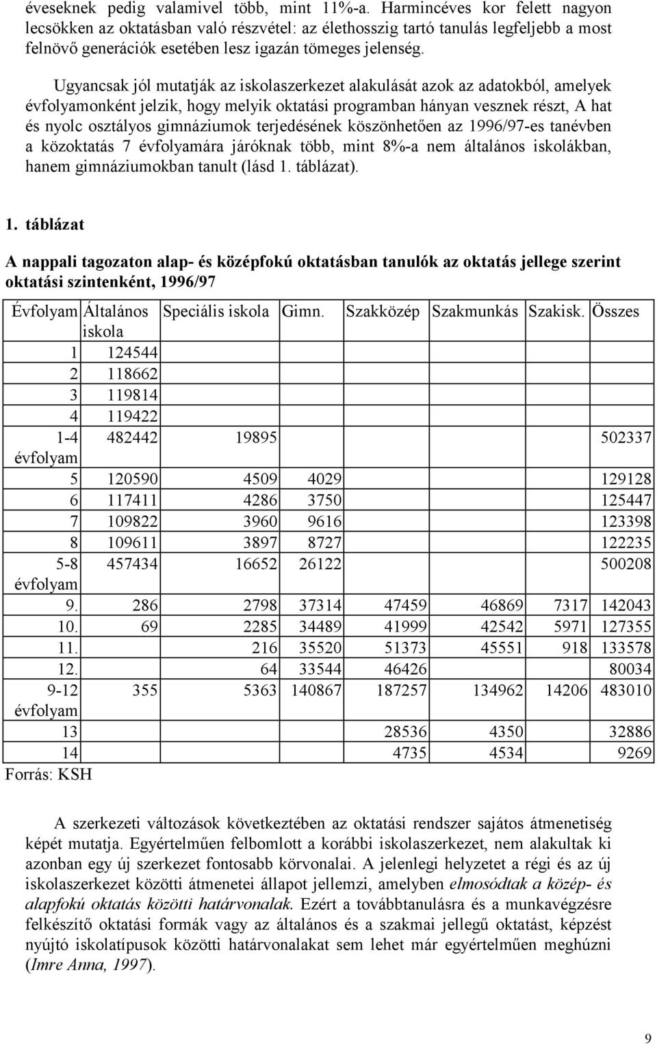Ugyancsak jól mutatják az iskolaszerkezet alakulását azok az adatokból, amelyek évfolyamonként jelzik, hogy melyik oktatási programban hányan vesznek részt, A hat és nyolc osztályos gimnáziumok