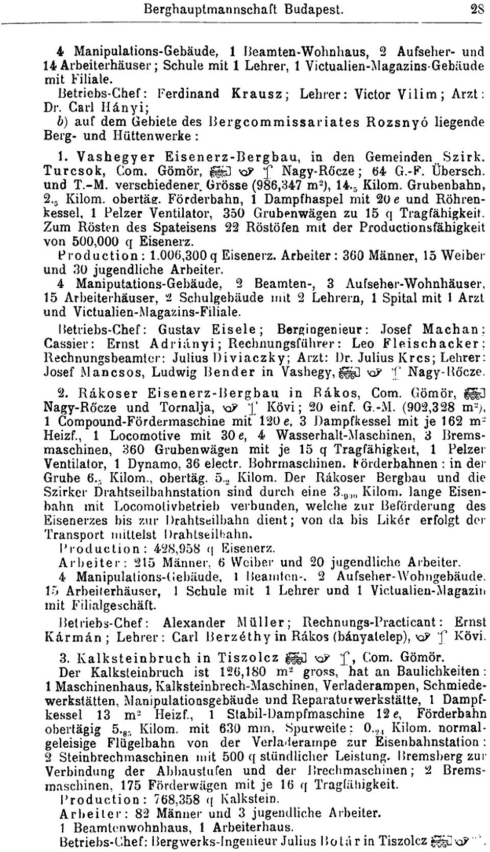 Vashegyer Eisenerz-Bergbau, in den Gemeinden Szirk, Turcsok, Com. Gömör, f Nagy-Röcze; 64 G.-F. Übersch. und T.-M. verschiedener Grösse (986,347 m 2 ), 14. 5 Kilom. Grubenbahn, 2.. Kilom. obertäg.