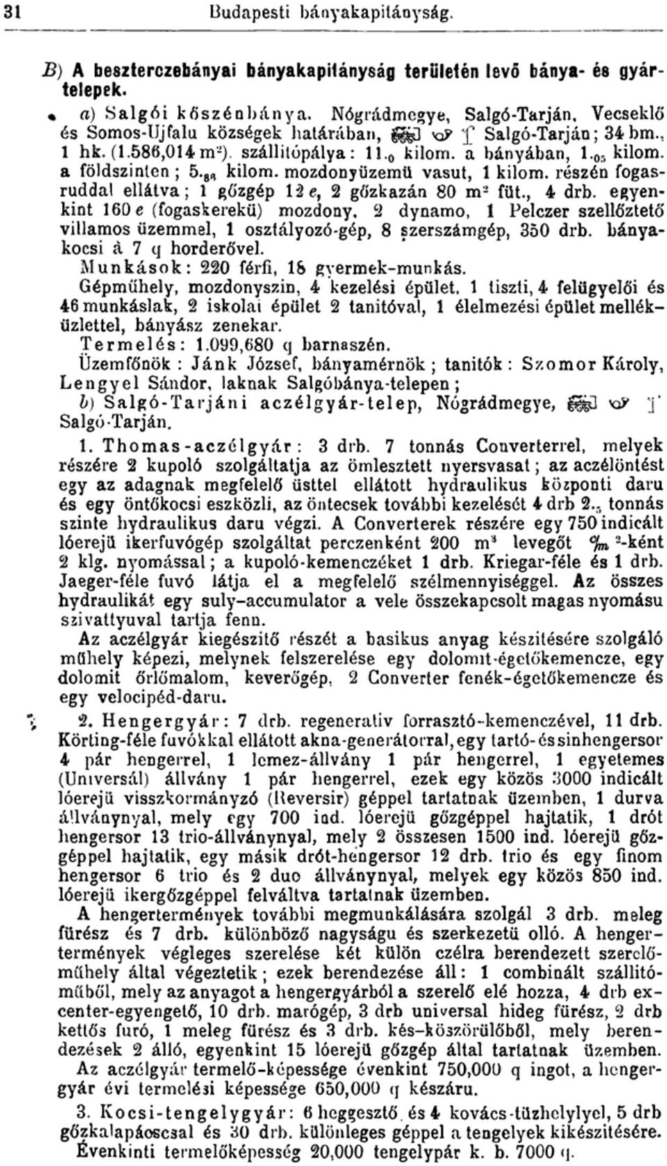 8(í kilom. mozdonyüzemü vasút, 1 kilom. részén fogasruddal ellátva; 1 gőzgép läe, 2 gőzkazán 80 m- füt., 4 drb.