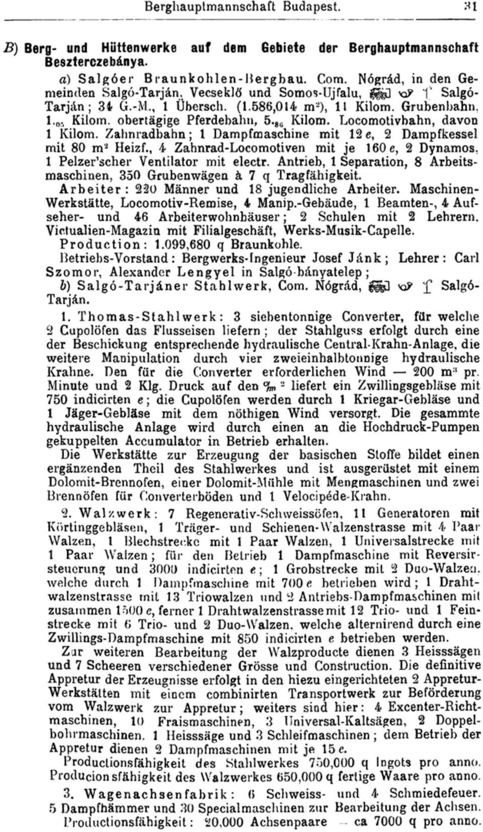 Locomotivbahn, davon 1 Kilom. Zahnradbahn; 1 Dampfmaschine mit 12 e, 2 Dampfkessel mit 80 m 2 Heizf., 4 Zahnrad-Locomotiven mit je 160e, 2 Dynamos, 1 Pelzer'scher Ventilator mit electr.