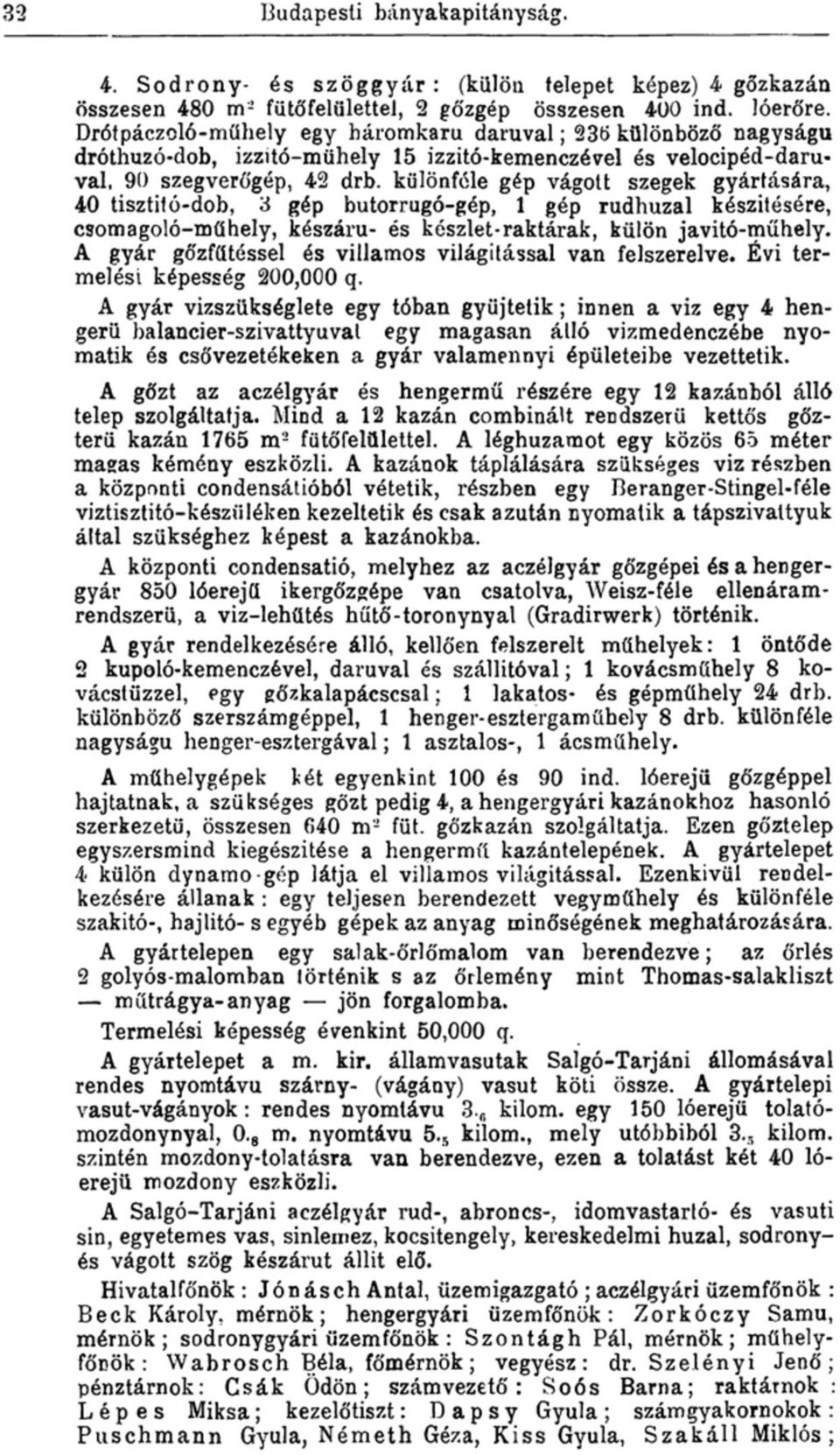 különféle gép vágott szegek gyártására, 40 tisztit ó-dob, 3 gép butorrugó-gép, 1 gép rudhuzal készítésére, csomagoló-műhely, készáru- és készlet-raktárak, külön javító-műhely.