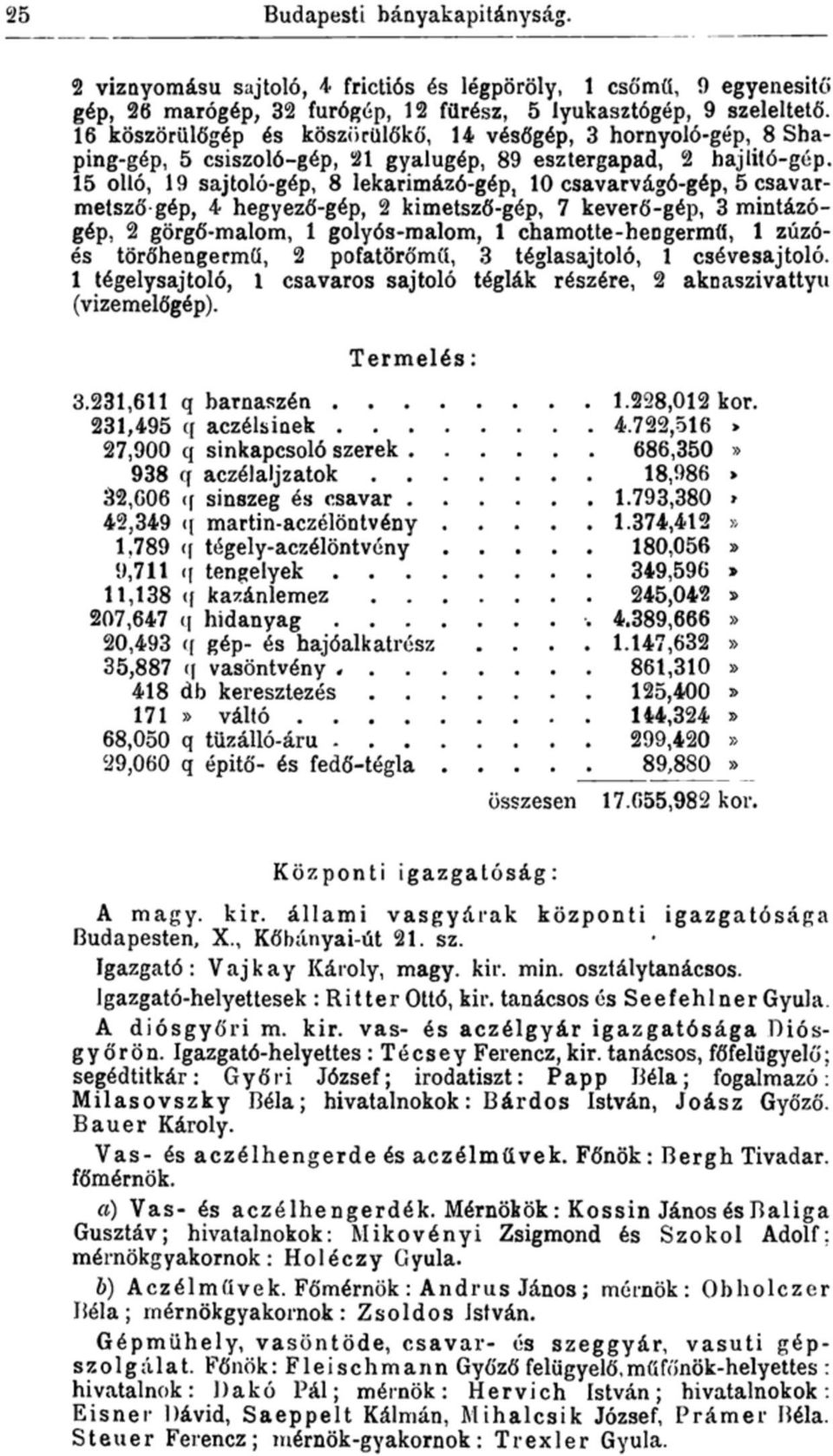 15 olló, 19 sajtoló-gép, 8 lekarimázó-gép, 10 csavarvágó-gép, 5 csavarmetsző-gép, 4 hegyező-gép, 2 kimetsző-gép, 7 keverő-gép, 3 mintázógép, 2 görgő-malom, 1 golyós-malom, 1 chamotte-heogermű, 1