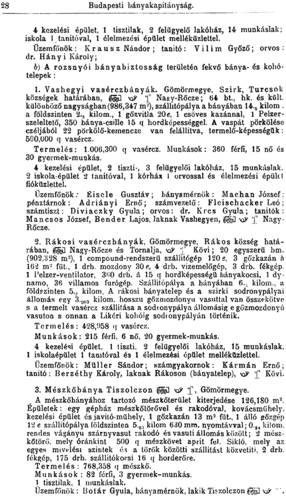 Gömörmegye, Szirk, Turcsok községek határában, ggü Naay-Rőcze; 64 bt., hk. és kült. különböző nagyságban(986,347 m 2 ), szállitópálya a bányában 14. 5 kilom. a földszinten 2. s kilom.