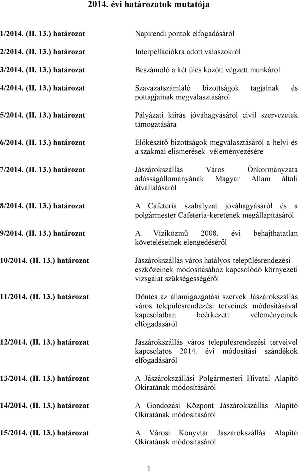 (II. 13.) határozat Jászárokszállás Város Önkormányzata adósságállományának Magyar Állam általi átvállalásáról 8/2014. (II. 13.) határozat A Cafeteria szabályzat jóváhagyásáról és a polgármester Cafeteria-keretének megállapításáról 9/2014.