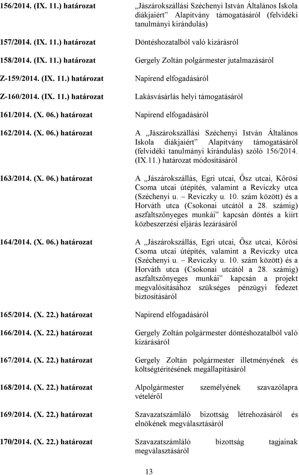 06.) határozat Napirend elfogadásáról 162/2014. (X. 06.