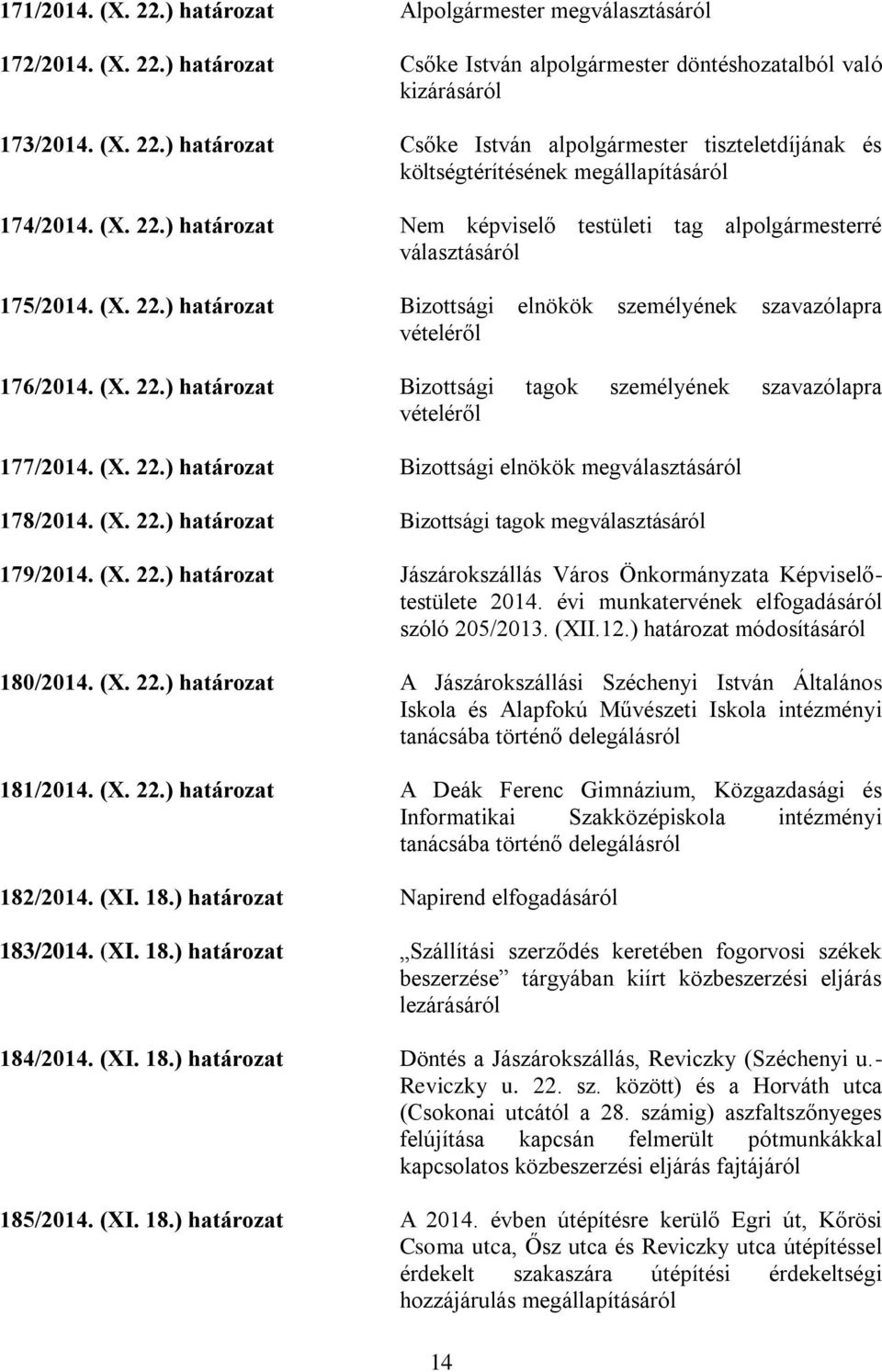 (X. 22.) határozat Bizottsági elnökök megválasztásáról 178/2014. (X. 22.) határozat Bizottsági tagok megválasztásáról 179/2014. (X. 22.) határozat Jászárokszállás Város Önkormányzata Képviselőtestülete 2014.