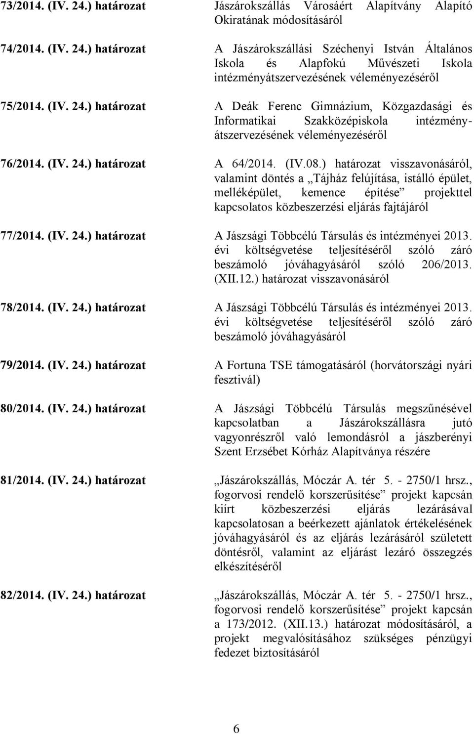 ) határozat visszavonásáról, valamint döntés a Tájház felújítása, istálló épület, melléképület, kemence építése projekttel kapcsolatos közbeszerzési eljárás fajtájáról 77/2014. (IV. 24.