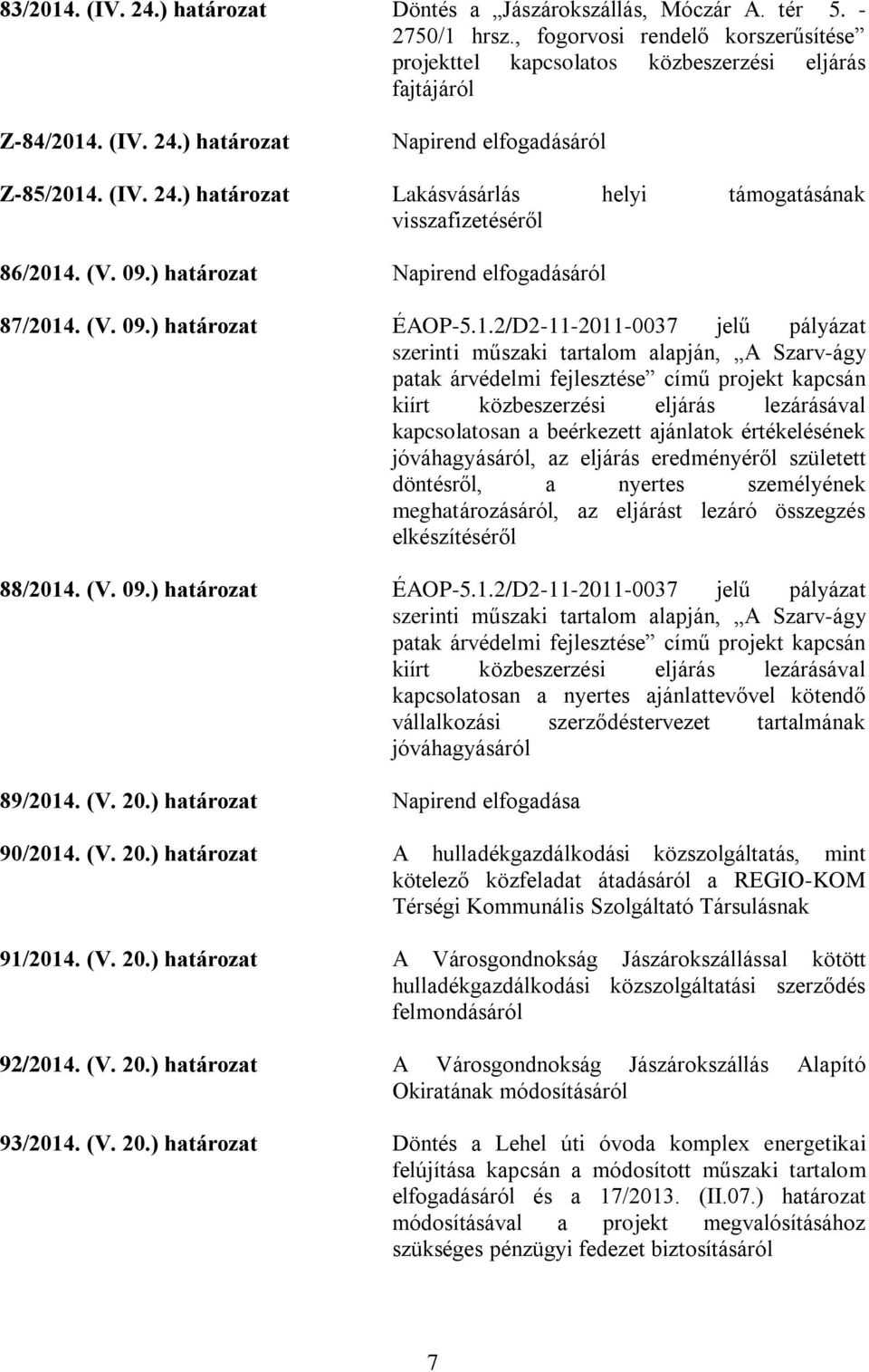 . (V. 09.) határozat Napirend elfogadásáról 87/2014
