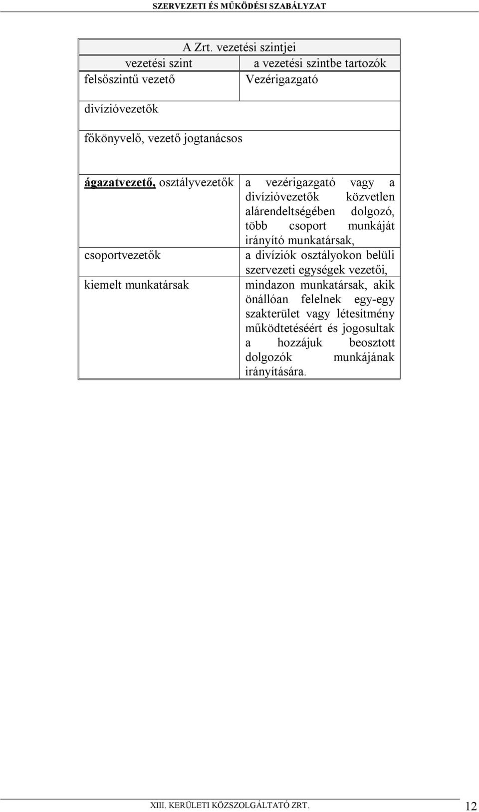 ágazatvezető, osztályvezetők a vezérigazgató vagy a divízióvezetők közvetlen alárendeltségében dolgozó, több csoport munkáját irányító munkatársak,