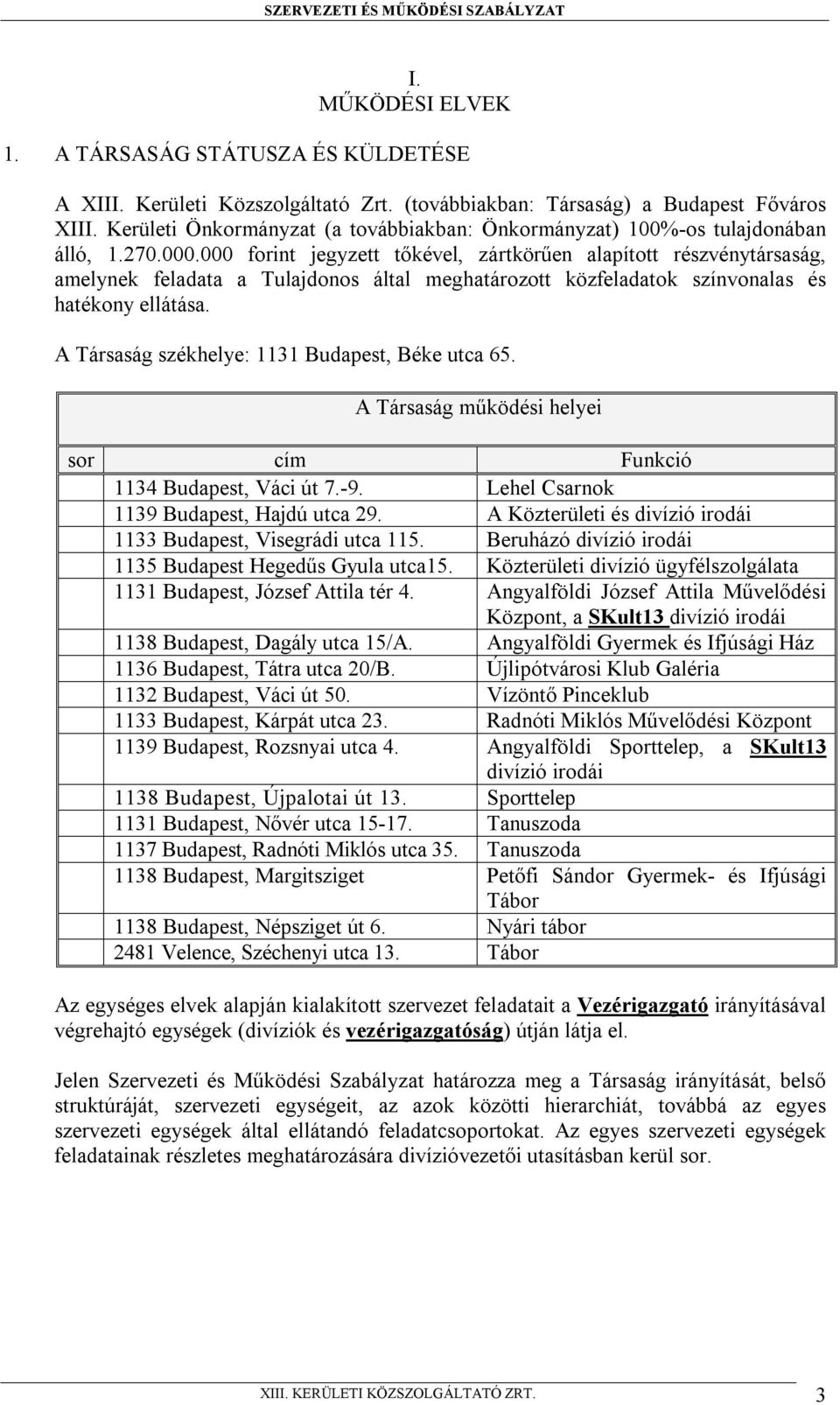 000 forint jegyzett tőkével, zártkörűen alapított részvénytársaság, amelynek feladata a Tulajdonos által meghatározott közfeladatok színvonalas és hatékony ellátása.