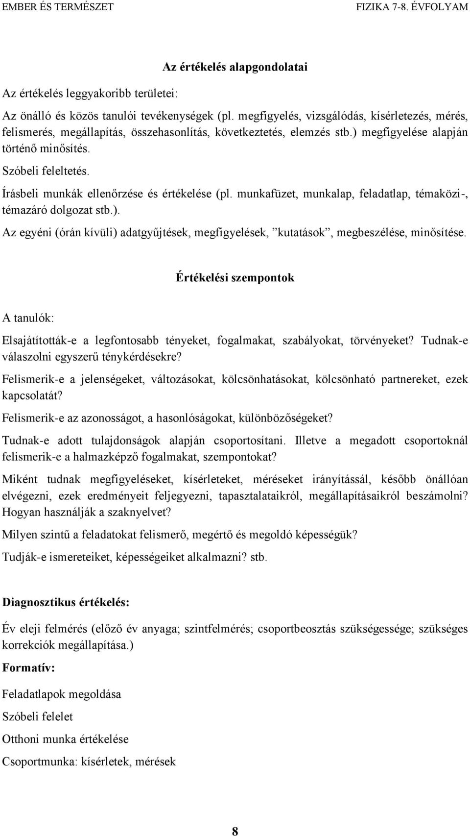 Írásbeli munkák ellenőrzése és értékelése (pl. munkafüzet, munkalap, feladatlap, témaközi-, témazáró dolgozat stb.).