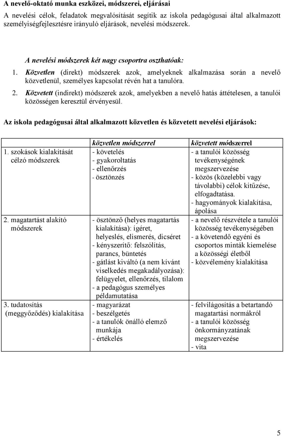 Közvetett (indirekt) módszerek azok, amelyekben a nevelő hatás áttételesen, a tanulói közösségen keresztül érvényesül.