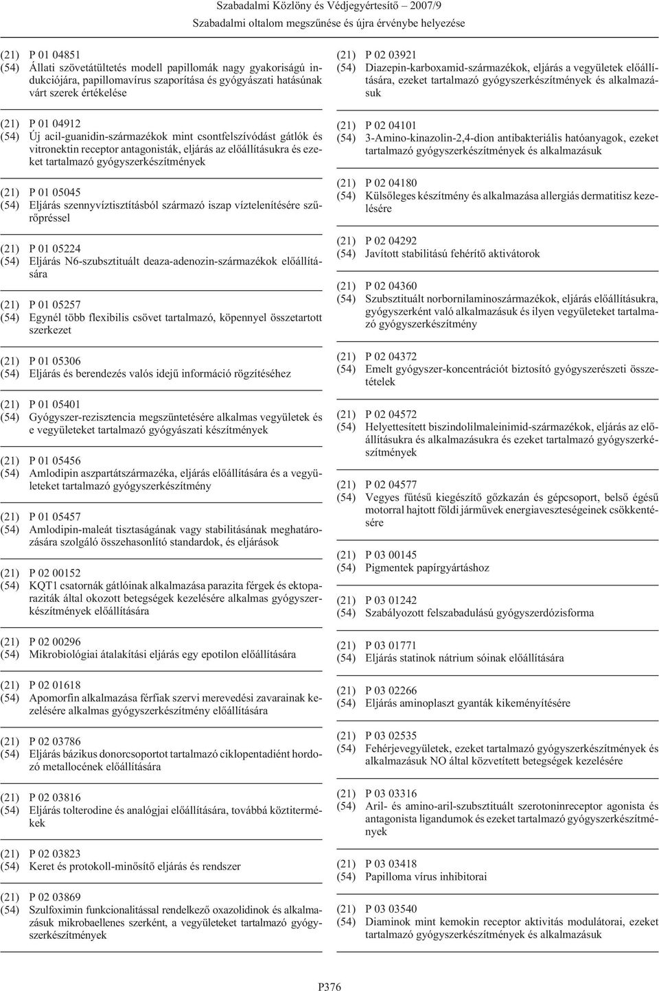 szennyvíztisztításból származó iszap víztelenítésére szûrõpréssel (21) P 01 05224 (54) Eljárás N6-szubsztituált deaza-adenozin-származékok elõállítására (21) P 01 05257 (54) Egynél több flexibilis