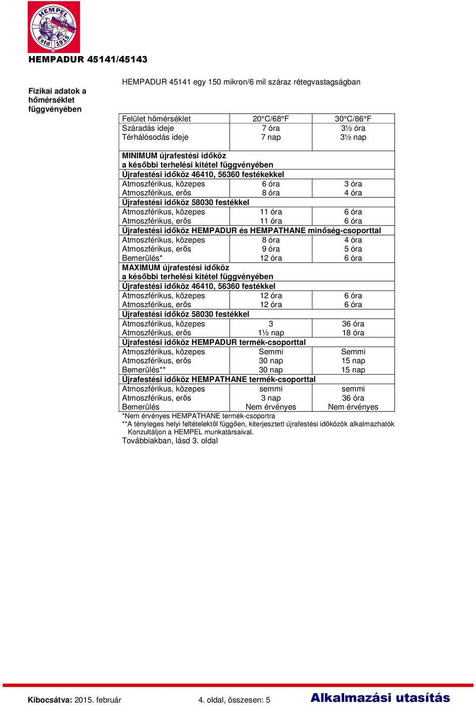 időköz Újrafestési időköz 46410, 56360 festékkel 3 1½ nap Újrafestési időköz HEMPADUR termék-csoporttal Bemerülés** Újrafestési időköz HEMPATHANE termék-csoporttal semmi Bemerülés 3 1 semmi 3 *