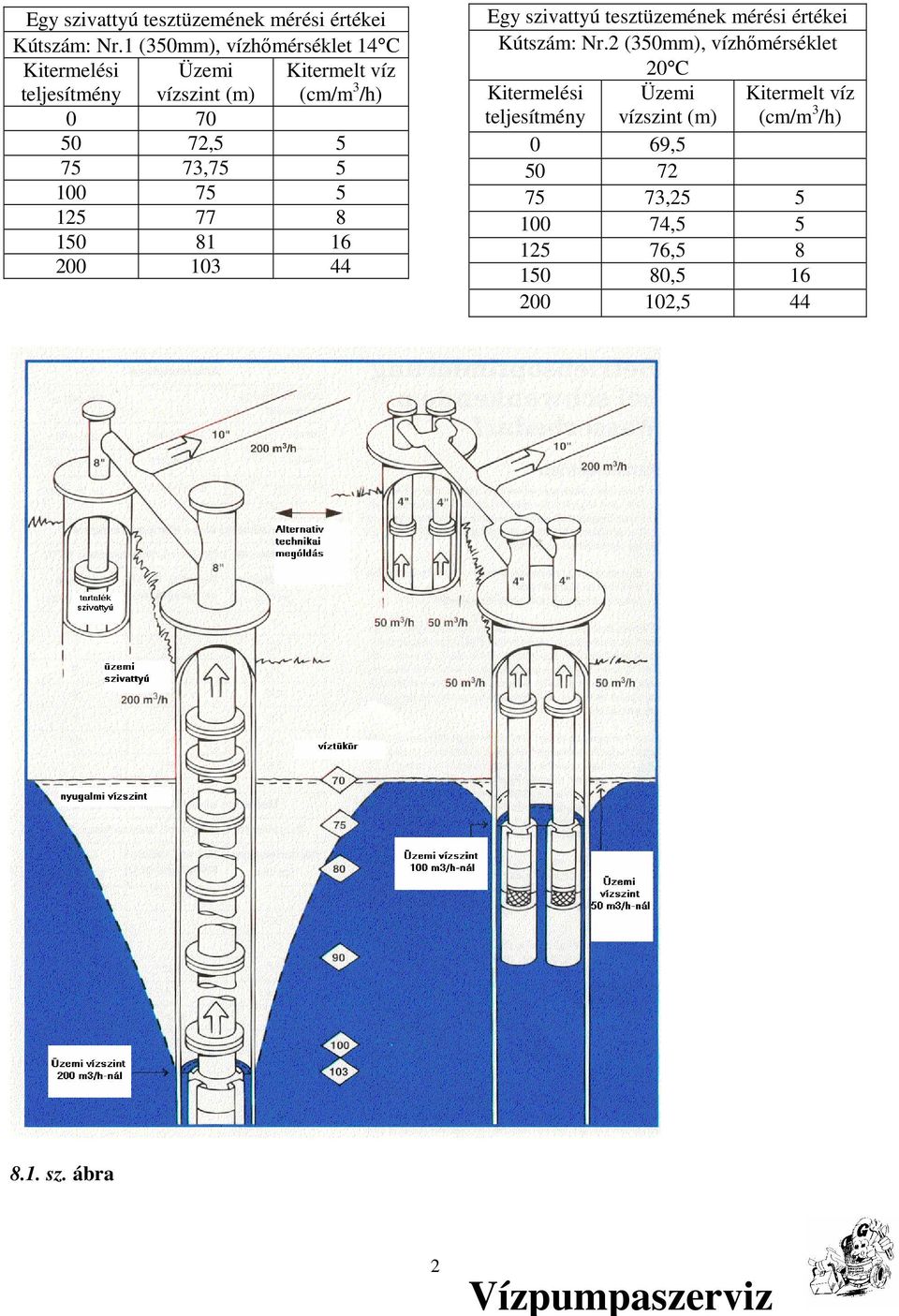 75 73,75 5 100 75 5 125 77 8 150 81 16 200 103 44 2 (350mm), vízhımérséklet 20 C Kitermelési teljesítmény Üzemi