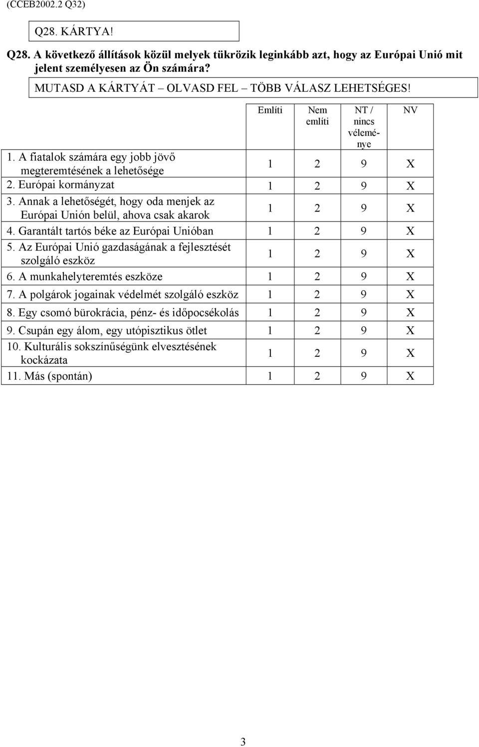 Annak a lehetőségét, hogy oda menjek az Európai Unión belül, ahova csak akarok 9 X 4. Garantált tartós béke az Európai Unióban 9 X 5. Az Európai Unió gazdaságának a fejlesztését szolgáló eszköz 9 X 6.