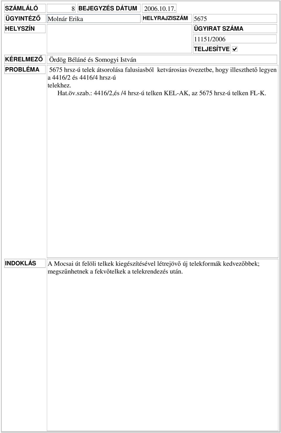 falusiasból ketvárosias övezetbe, hogy illeszthető legyen a 4416/2 és 4416/4 hrsz-ú telekhez. Hat.öv.szab.