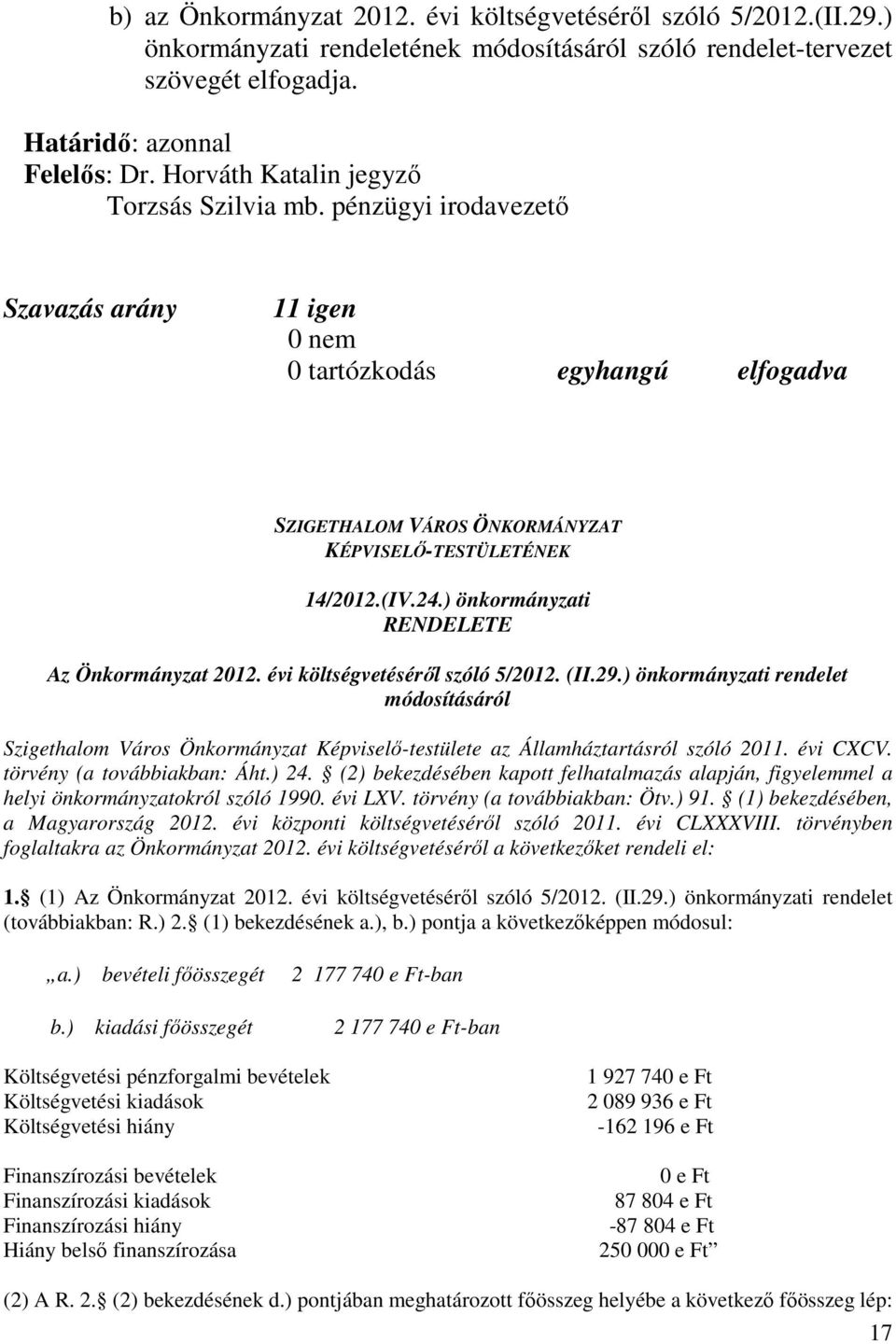 ) önkormányzati RENDELETE Az Önkormányzat 2012. évi költségvetéséről szóló 5/2012. (II.29.