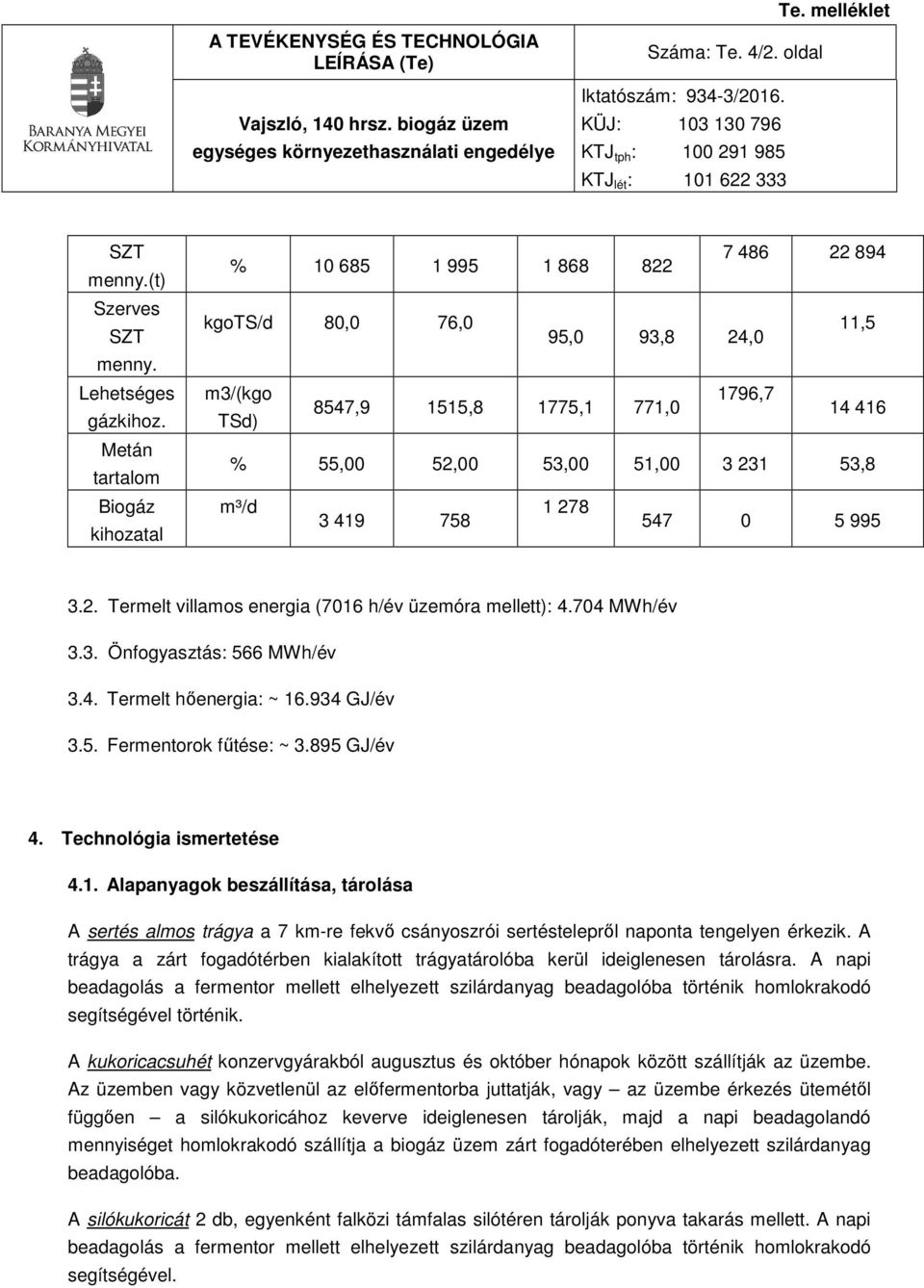 m³/d 3 419 758 1 278 547 0 5 995 3.2. Termelt villamos energia (7016 h/év üzemóra mellett): 4.704 MWh/év 3.3. Önfogyasztás: 566 MWh/év 3.4. Termelt hőenergia: ~ 16.934 GJ/év 3.5. Fermentorok fűtése: ~ 3.