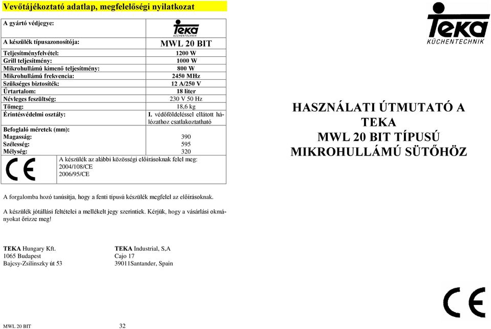 230 V 50 Hz 18,6 kg I.