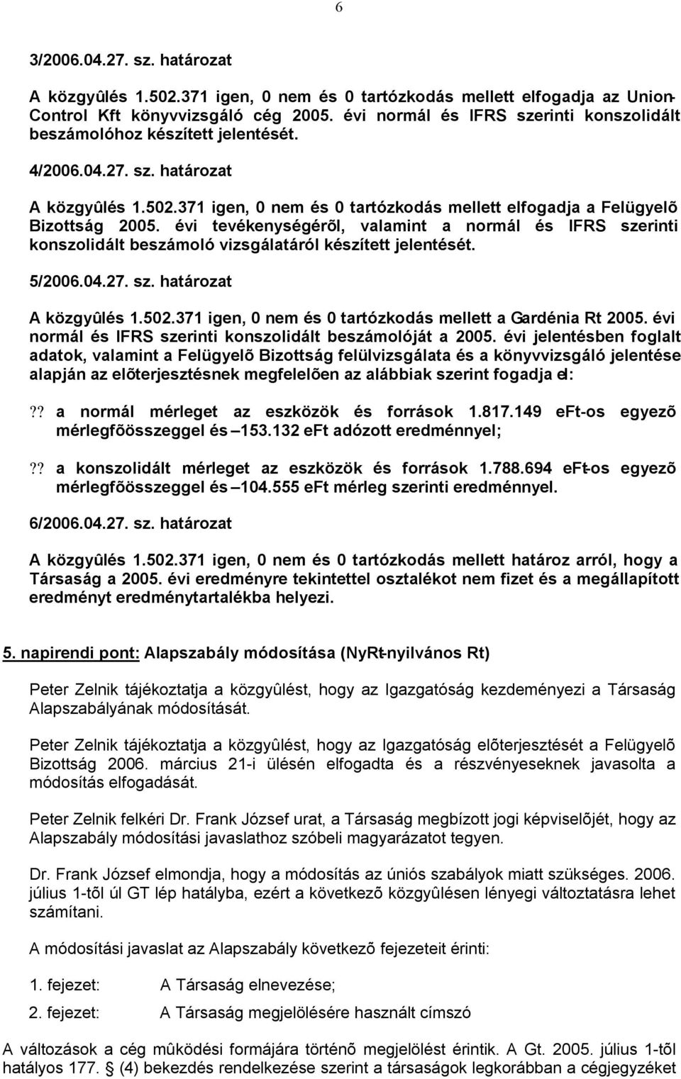 évi tevékenységérõl, valamint a normál és IFRS szerinti konszolidált beszámoló vizsgálatáról készített jelentését. 5/2006.04.27. sz. határozat A közgyûlés 1.502.