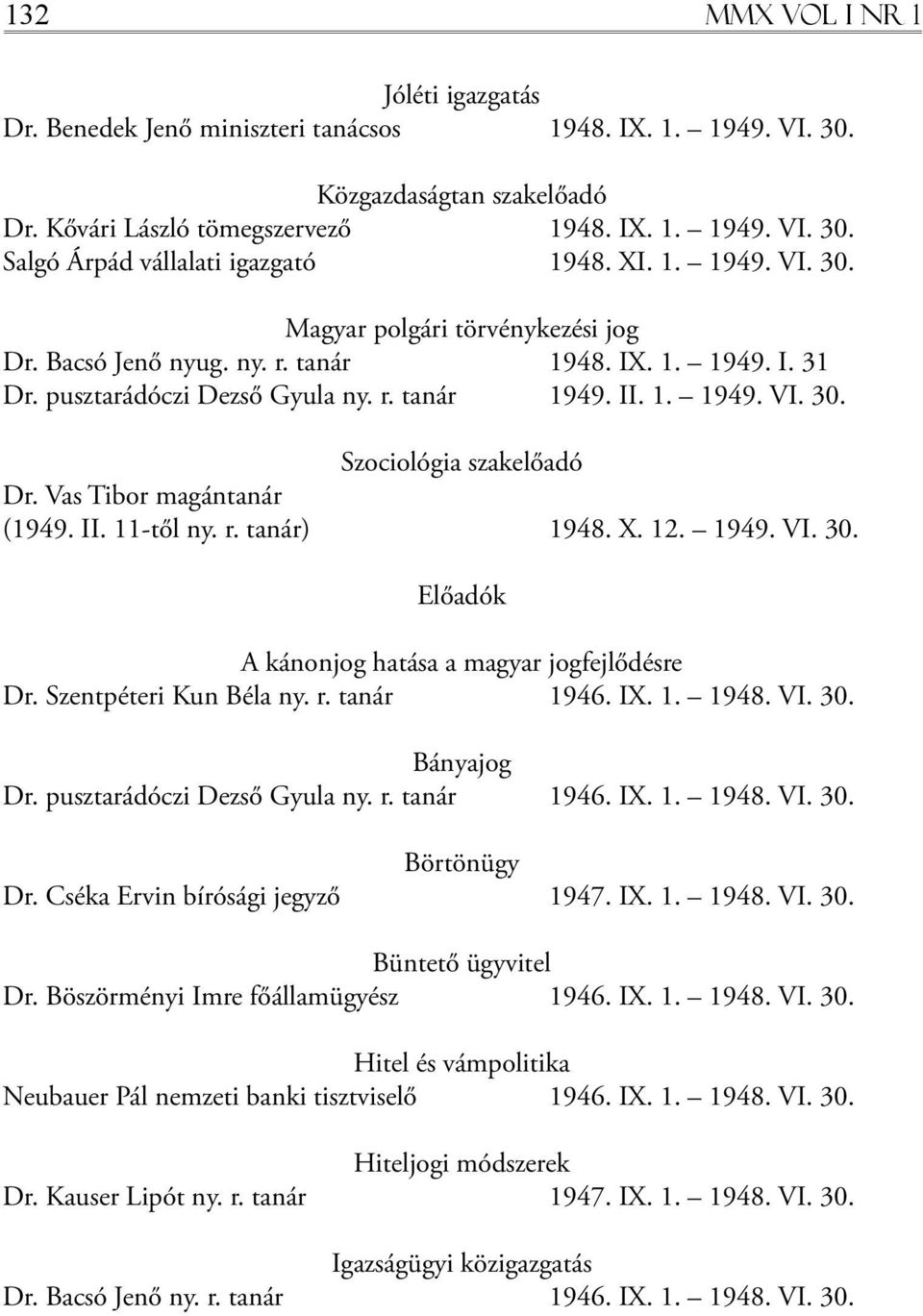 Vas Tibor magántanár (1949. II. 11-től ny. r. tanár) 1948. X. 12. 1949. VI. 30. Előadók A kánonjog hatása a magyar jogfejlődésre Dr. Szentpéteri Kun Béla ny. r. tanár 1946. IX. 1. 1948. VI. 30. Bányajog Dr.